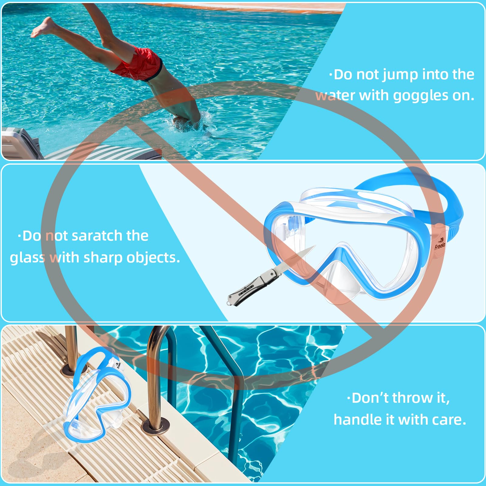 Freela Kinder-Schwimmbrille für Kinder von 3–15 Jahren mit Nasenabdeckung, gehärtetes Glas, Anti-Beschlag-Beschichtung, kein Auslaufen, Tauchmaske, 180° klare Sicht