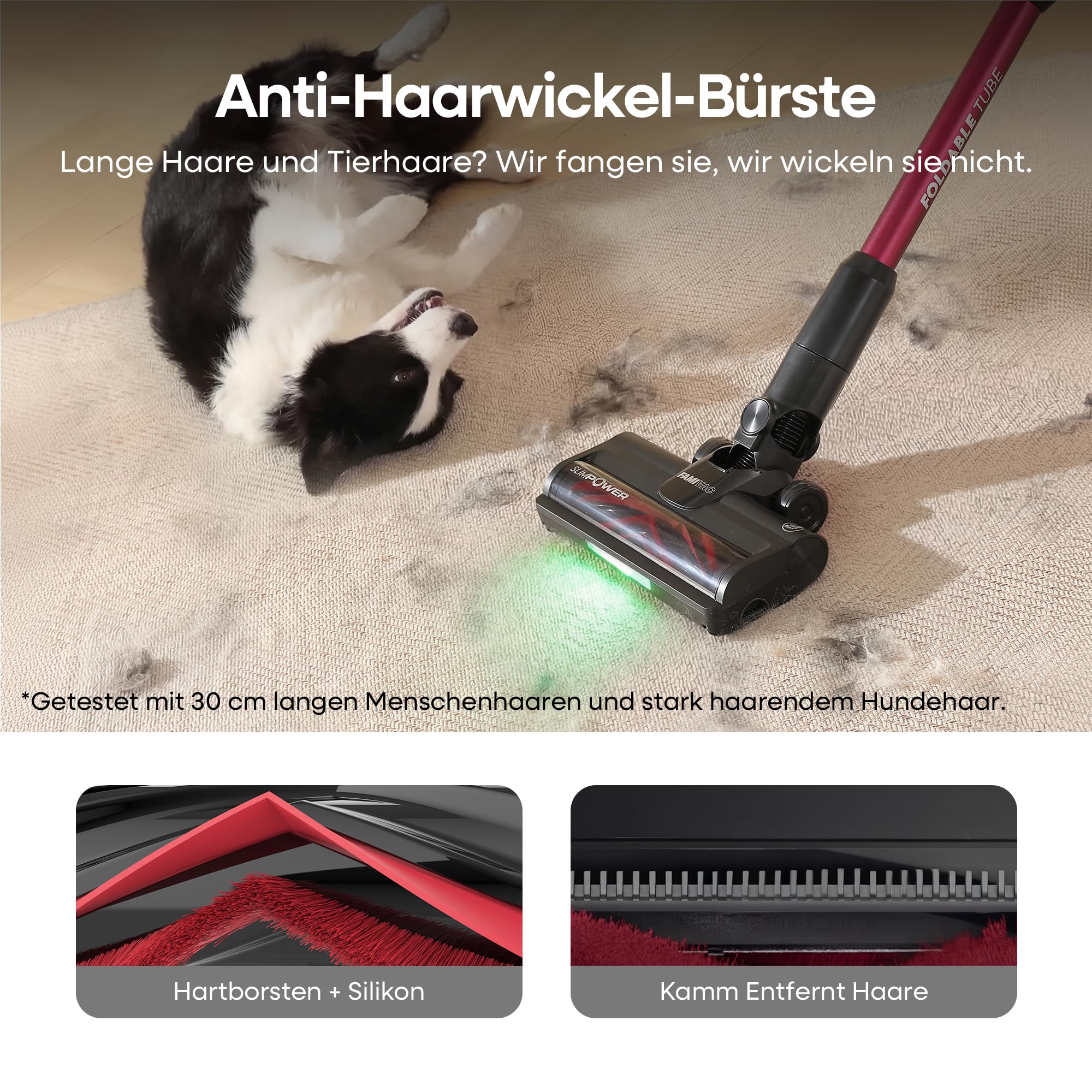 FAMIVAC FV3 Akku Staubsauger 60KPa/ 50Min/ 120㎡, Staubsauger Kabellos mit Knickgelenk-Rohr, Selbststehend, Grüne LED-Licht, Anti-Tangle-Bürste Akkustaubsauger für Hartböden/Teppich/Tierhaare/Auto