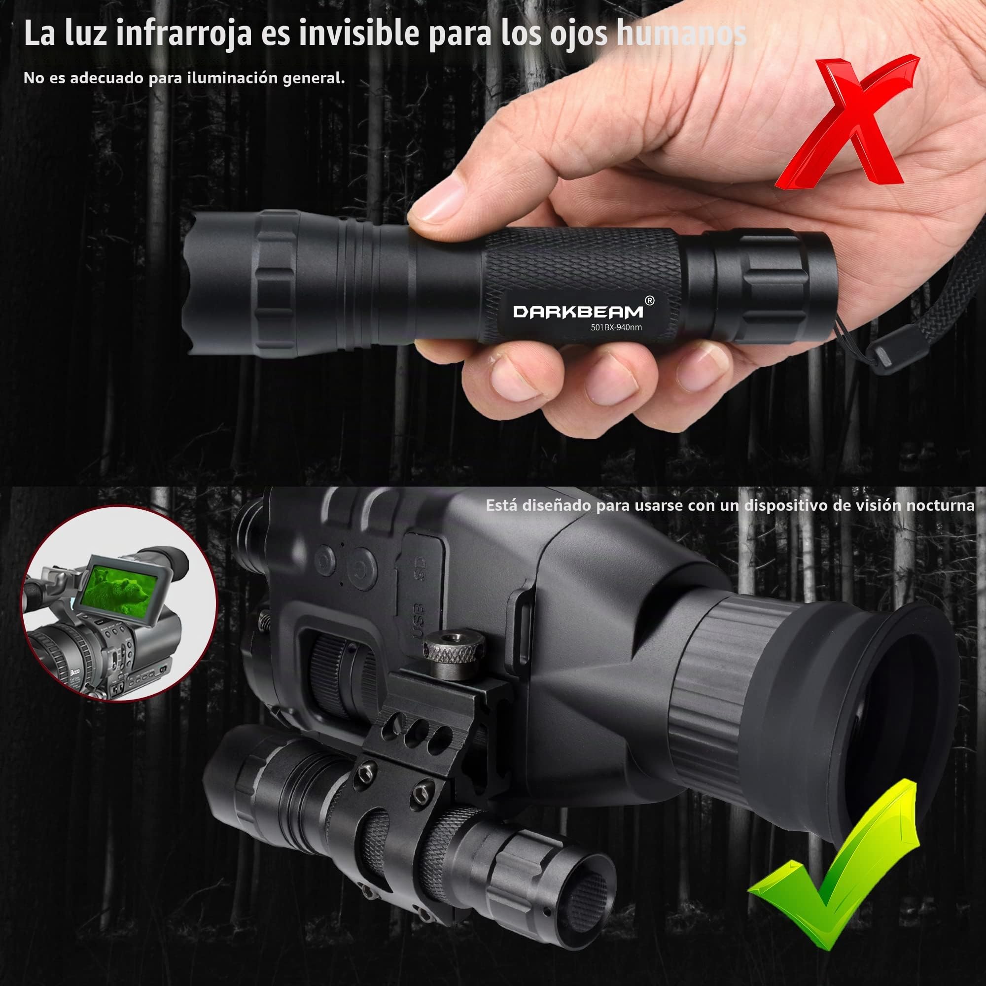 DARKBEAM Linterna de Infrarroja 940nm, IR Iluminación para Dispositivo | Visión Nocturna - Luz Infrarrojos Invisible LED Recargable Largo Alcance Potente con Zoom para Caza, Observación, con Clip