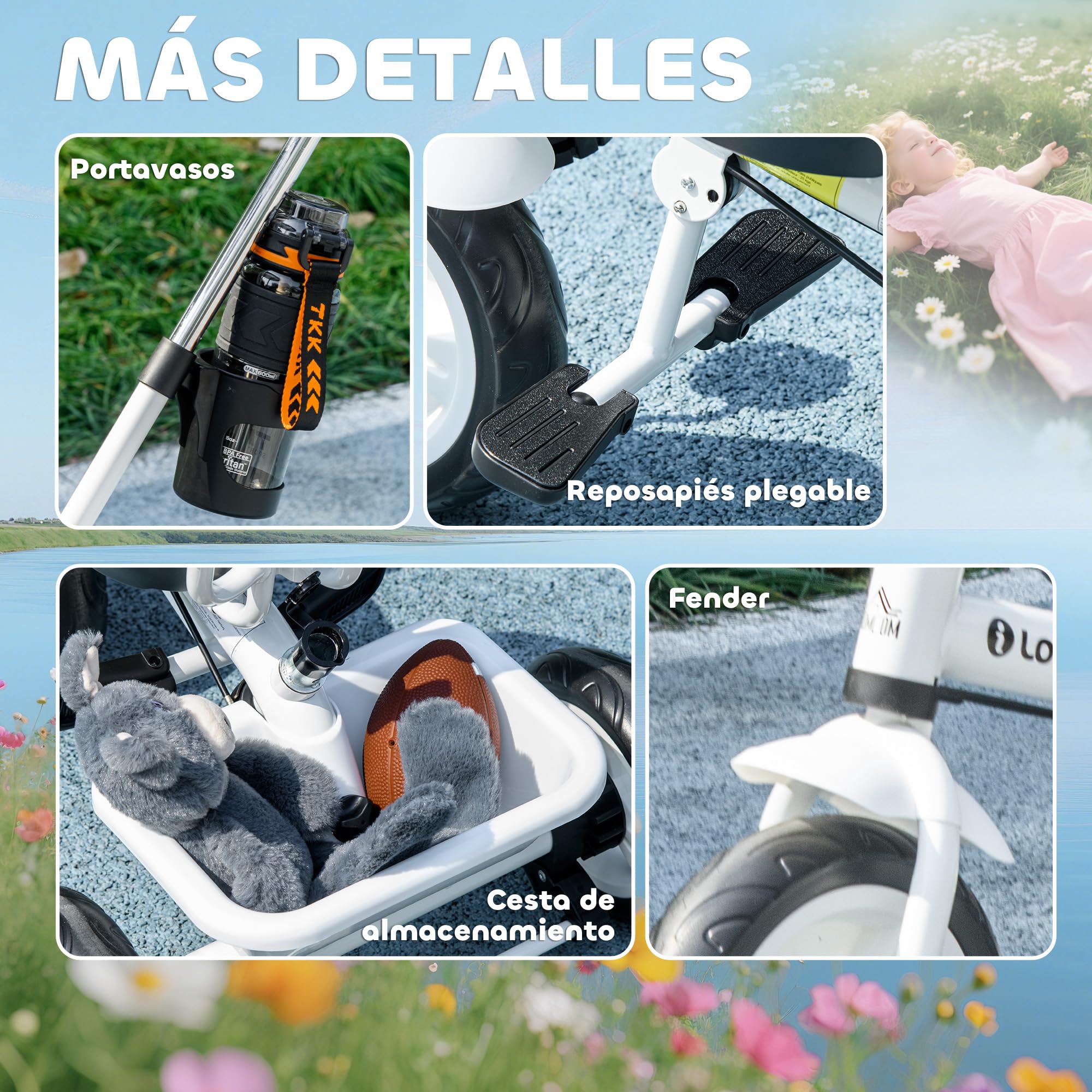 HOMCOM Triciclo para Bebés 6 en 1 Triciclo Evolutivo para Niños de +12 Meses con Toldo Plegable Mango de Empuje Telescópico y Desmontable Asiento Ajustable Cesto y Portabotellas Blanco