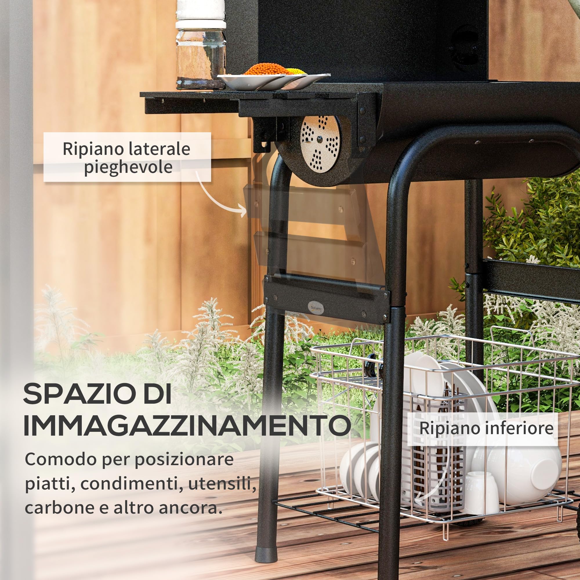 Outsunny Barbecue a Carbone con Coperchio, Termometro, Camino, BBQ, Nero | Ripiani, Ruote Integrate