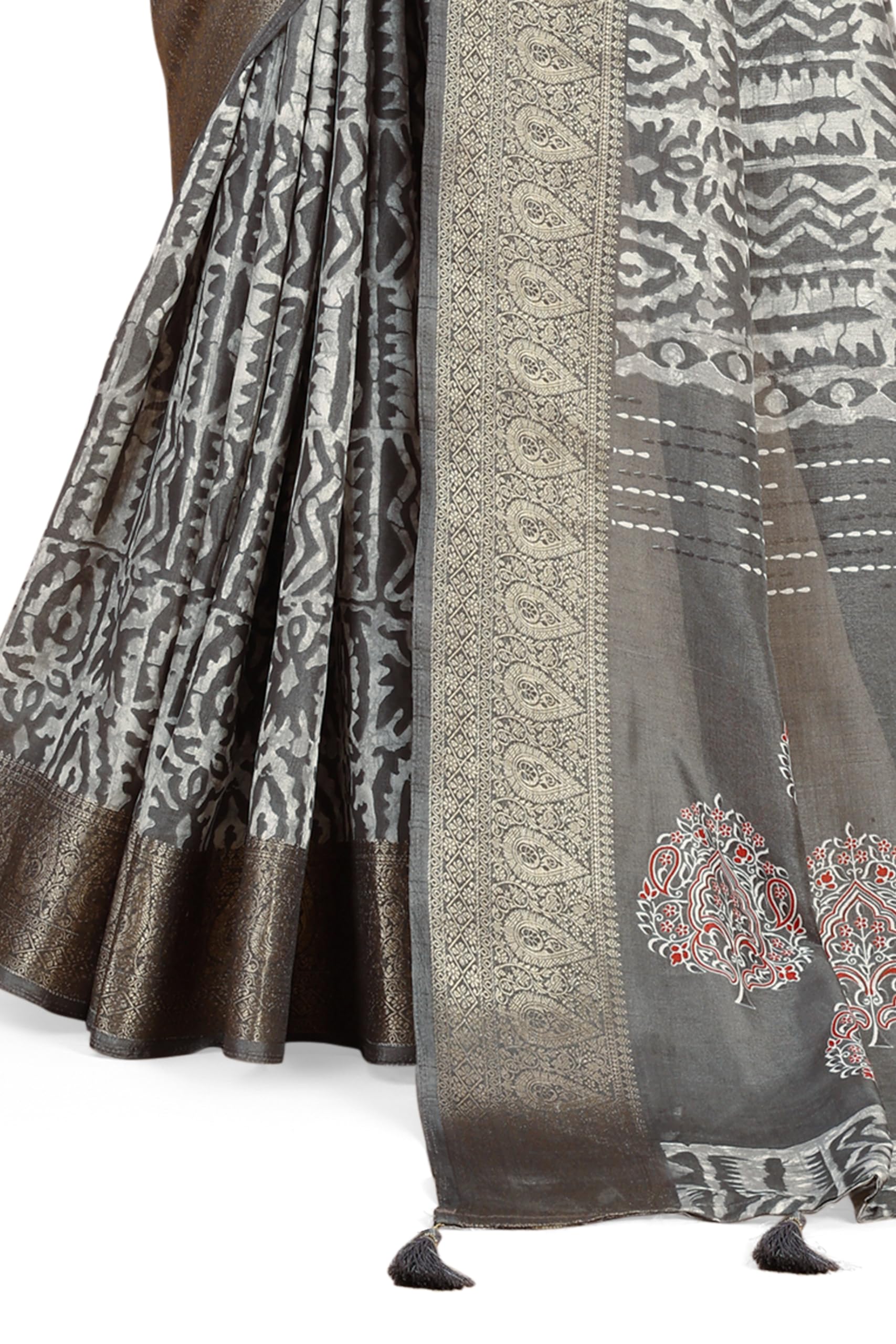 MIRCHI FASHION Women Dola Silk Batik Printed Saree with Blouse Piece (39948 - Grey, Off White) - Image 8 thumbnail