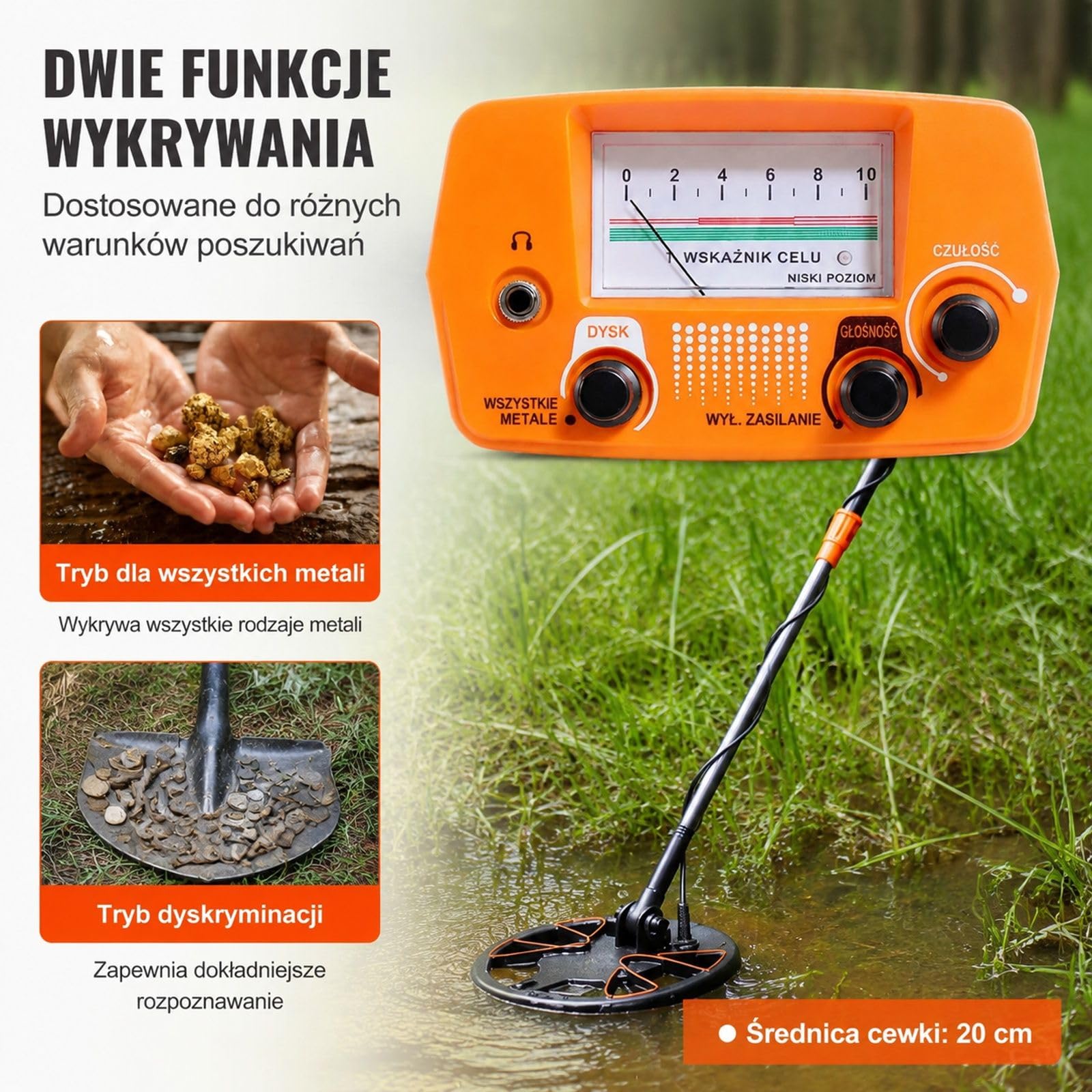 Zestaw wykrywacza metali, wskaźnik z wyświetlaczem, regulowany trzon, łopata, torba