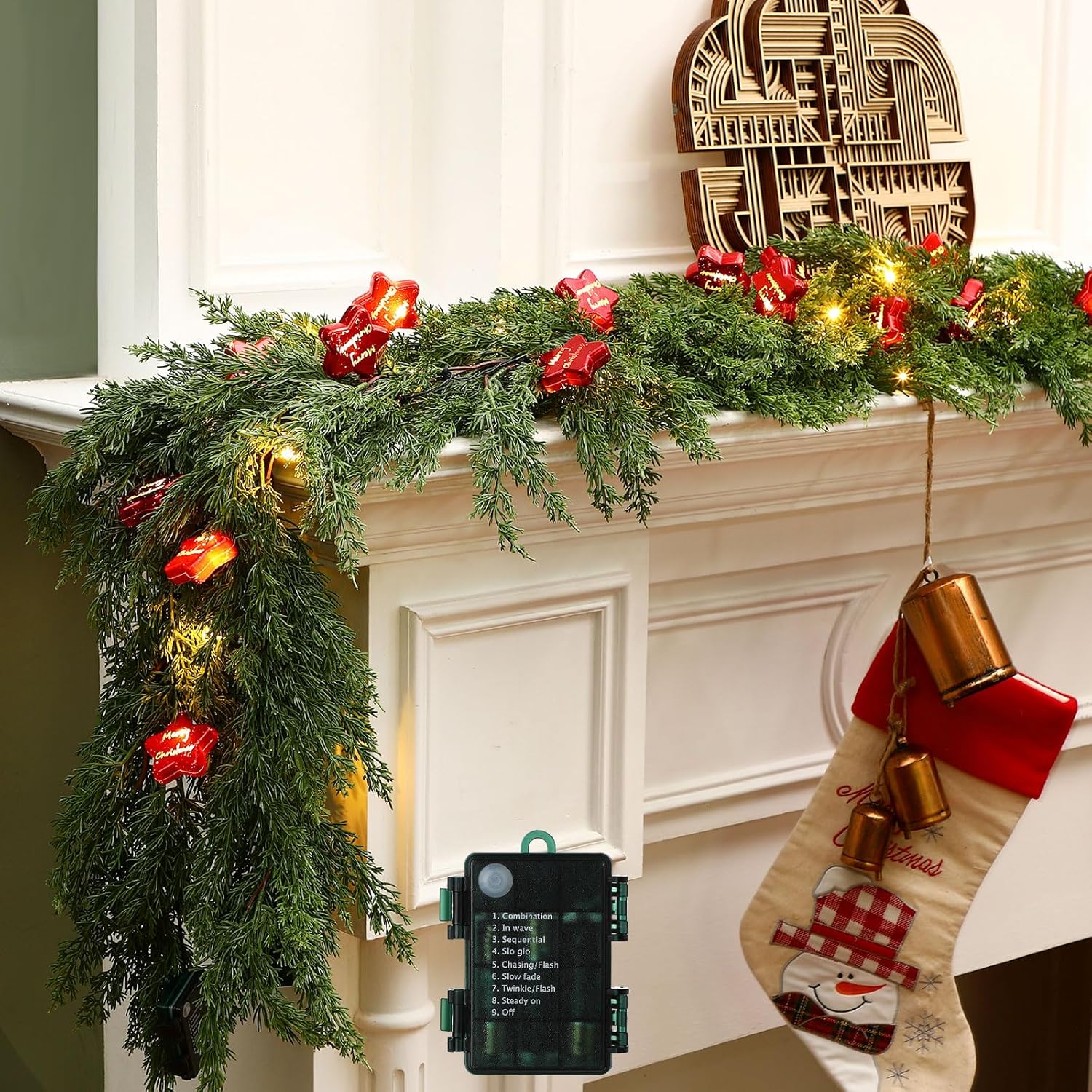 Meooeck 6.2ft Pre Lit Christmas Cedar Realistic Garland with Star Lights Faux Cedar Garland LED Artificial Pine Cypress Battery Operated with 8 Modes Timer(Red Stars)