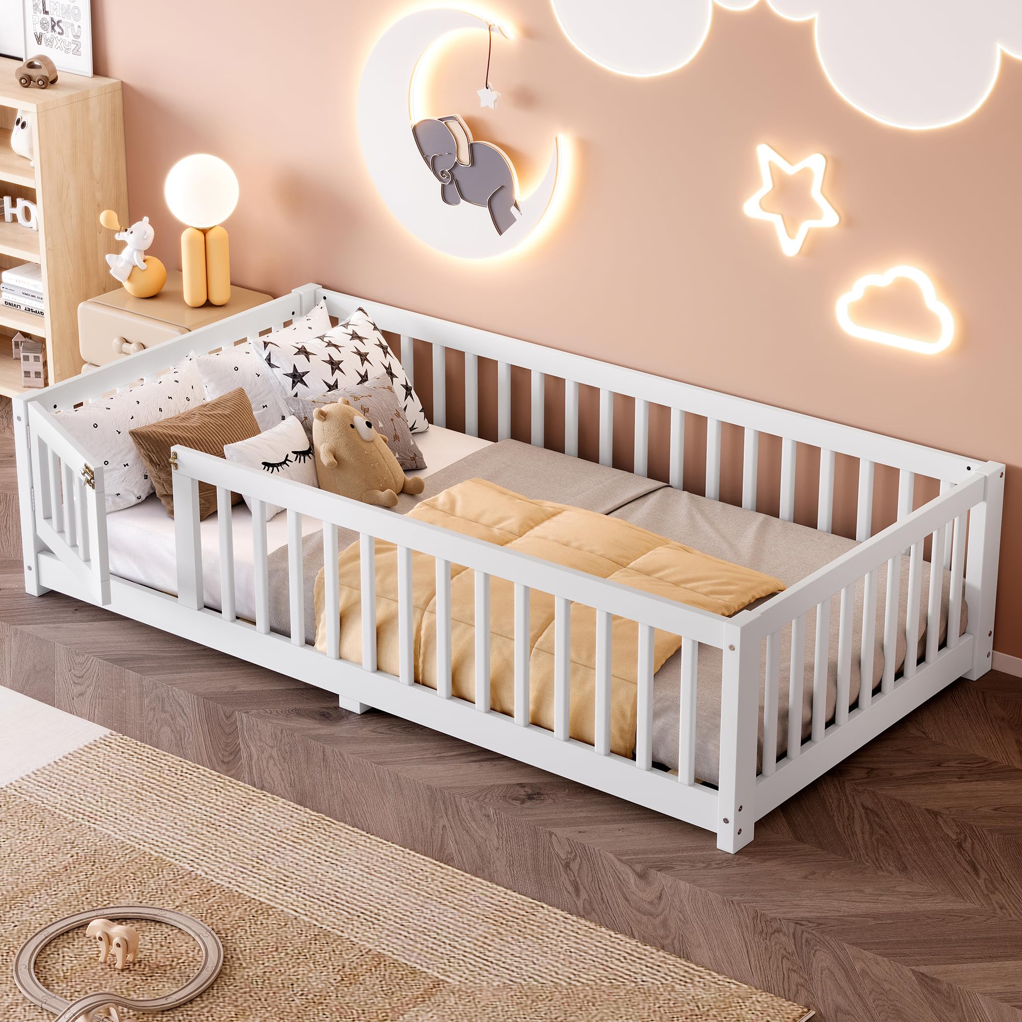 Twin Size Kids Floor Bed with Door and Fence,Montessori Floor Bed with Slats and Safety Guardrails,Solid Wood Twin Bed Frame for Girls Boys,White