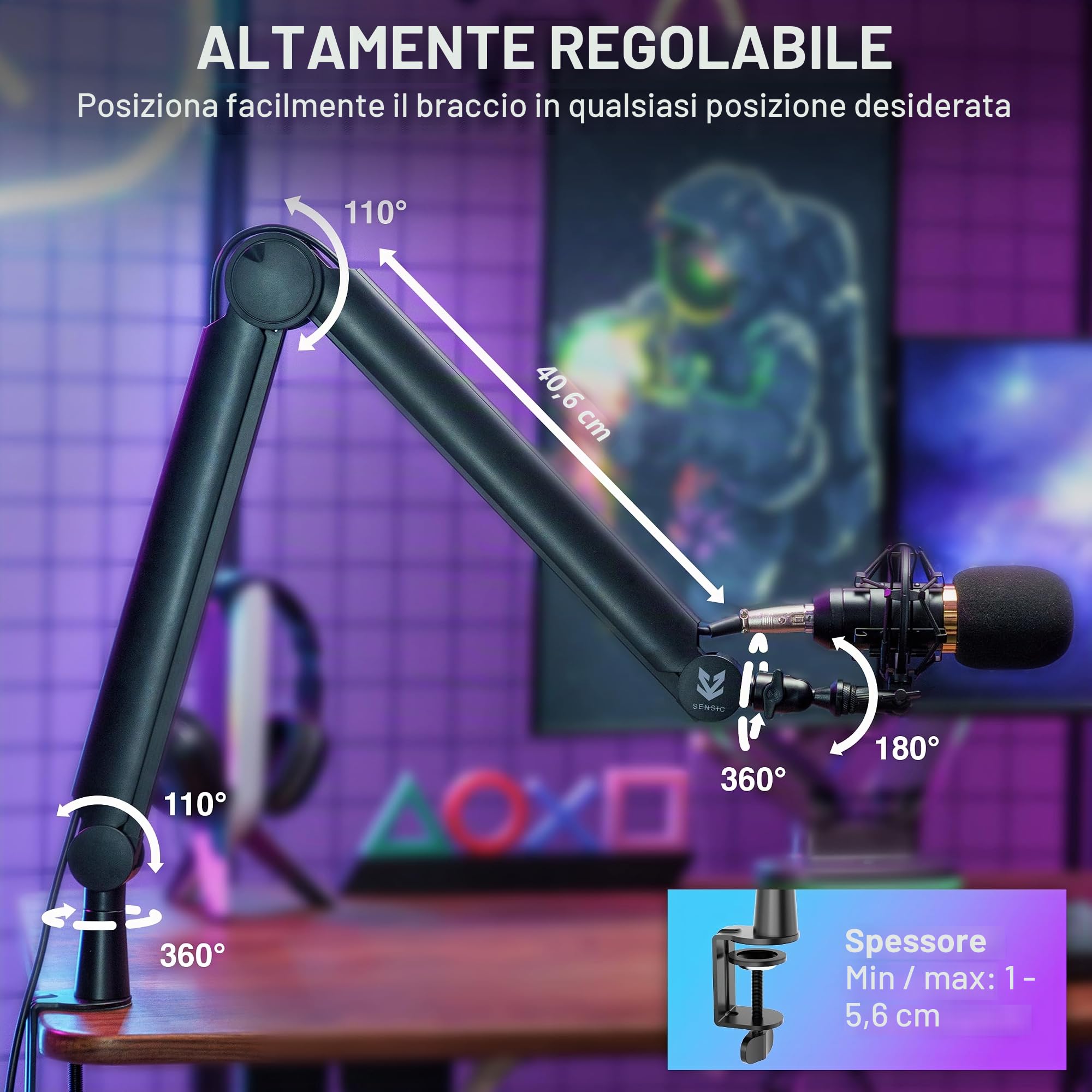 Sensic SA-30 - Braccio Microfono Girevole 360°, con Riser da 6", Supporto per Microfono con Adattatori da 1/4", 3/8" e 5/8", Braccio Microfono Professionale con Accessori