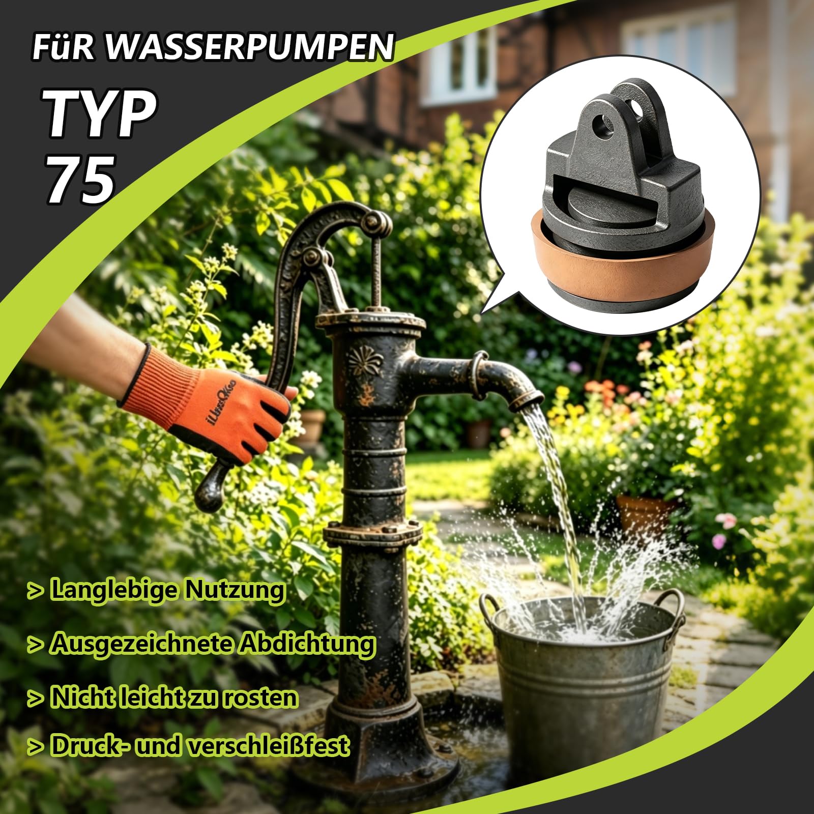 Ersatzkolben für Schwengelpumpen Typ 75,Kolben Komplett mit Nasenstechventil Bolzen Satz Ledermanschette Dichtungsring,Handschwengelpumpe Handpumpe Typ 75 für Wasserpumpen Pumpendichtung,Gartenpumpe