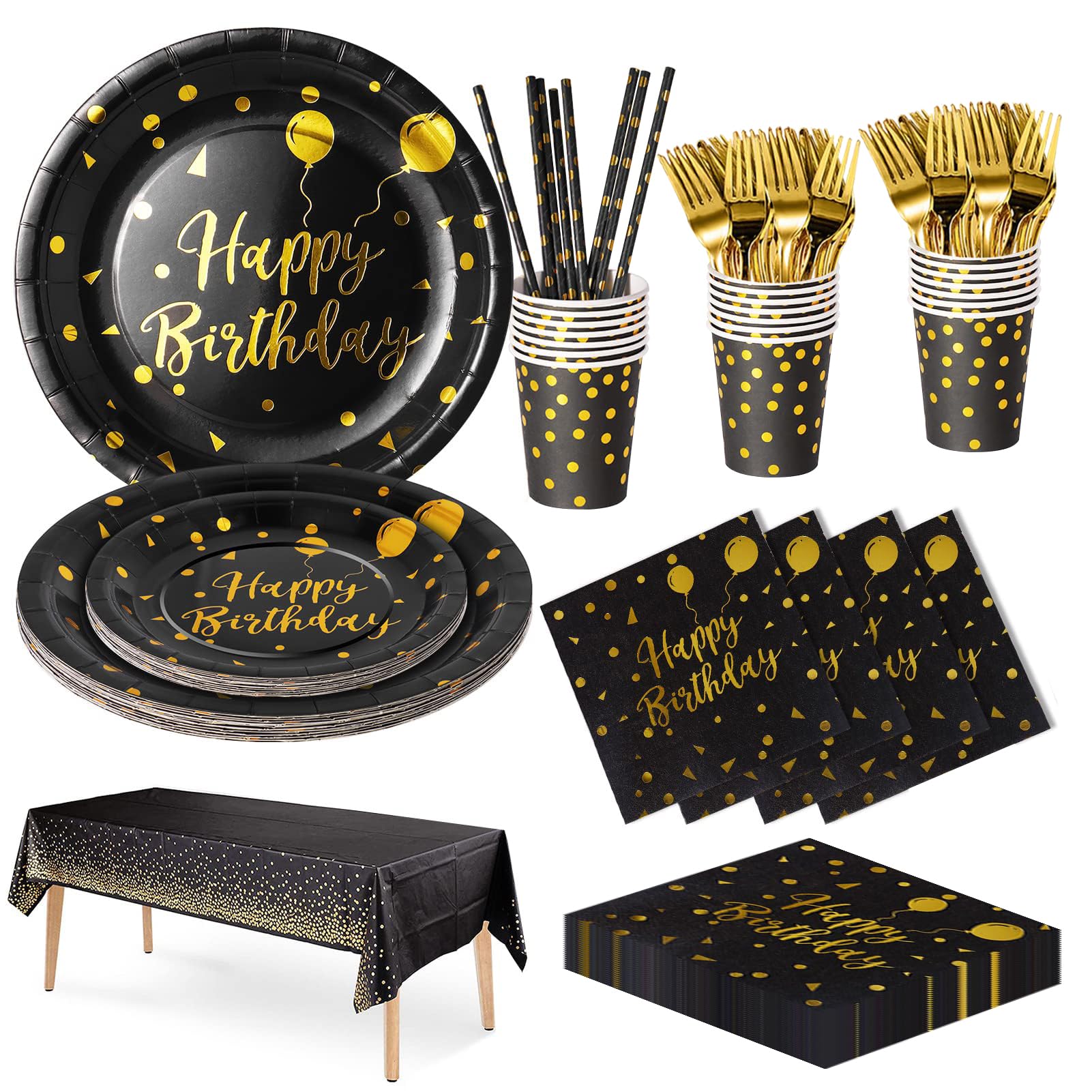 Nkaiso Compleanno Stoviglie per Feste, 20 Ospiti Nero Oro Stoviglie Carta Set Include Piatti di Carta Tovaglioli Tazze Riutilizzabili Stoviglie Decorazioni per Feste per Bambini