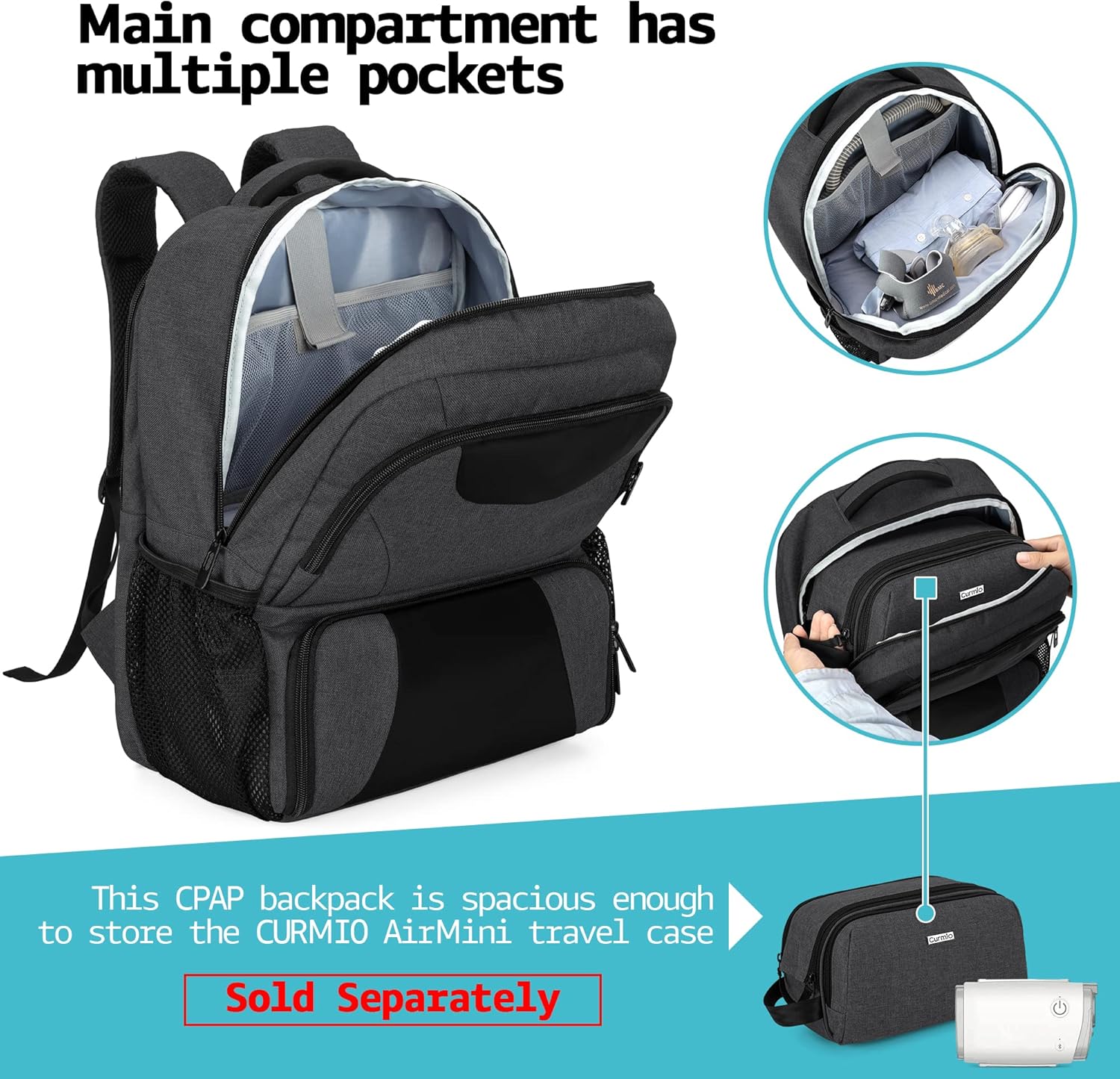 CURMIO Travel Backpack Compatible with ResMed Air Sense9, Air Sense10, Portable Supplies Carrying Bag Compatible with Philips CPAP Machine and Accessories, Bag Only, Patent Design : Health & Household