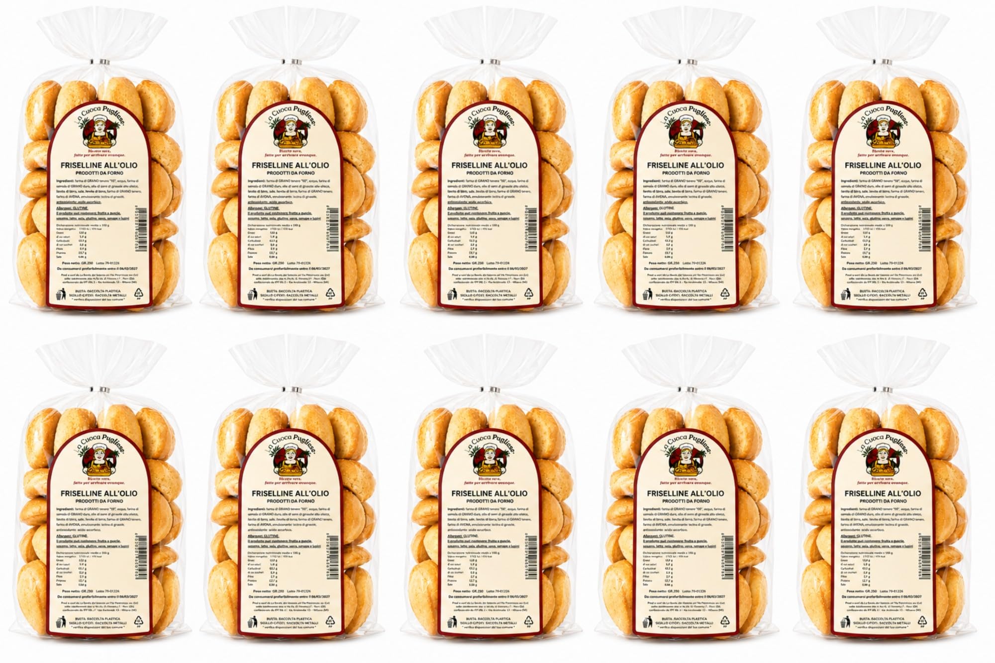 La Cuoca Pugliese - Friselline crujientes con aceite, friselline artesanales de Apulia, con aceite de oliva virgen extra 5%, paquete de 10x250 g, especialidad de Apulia
