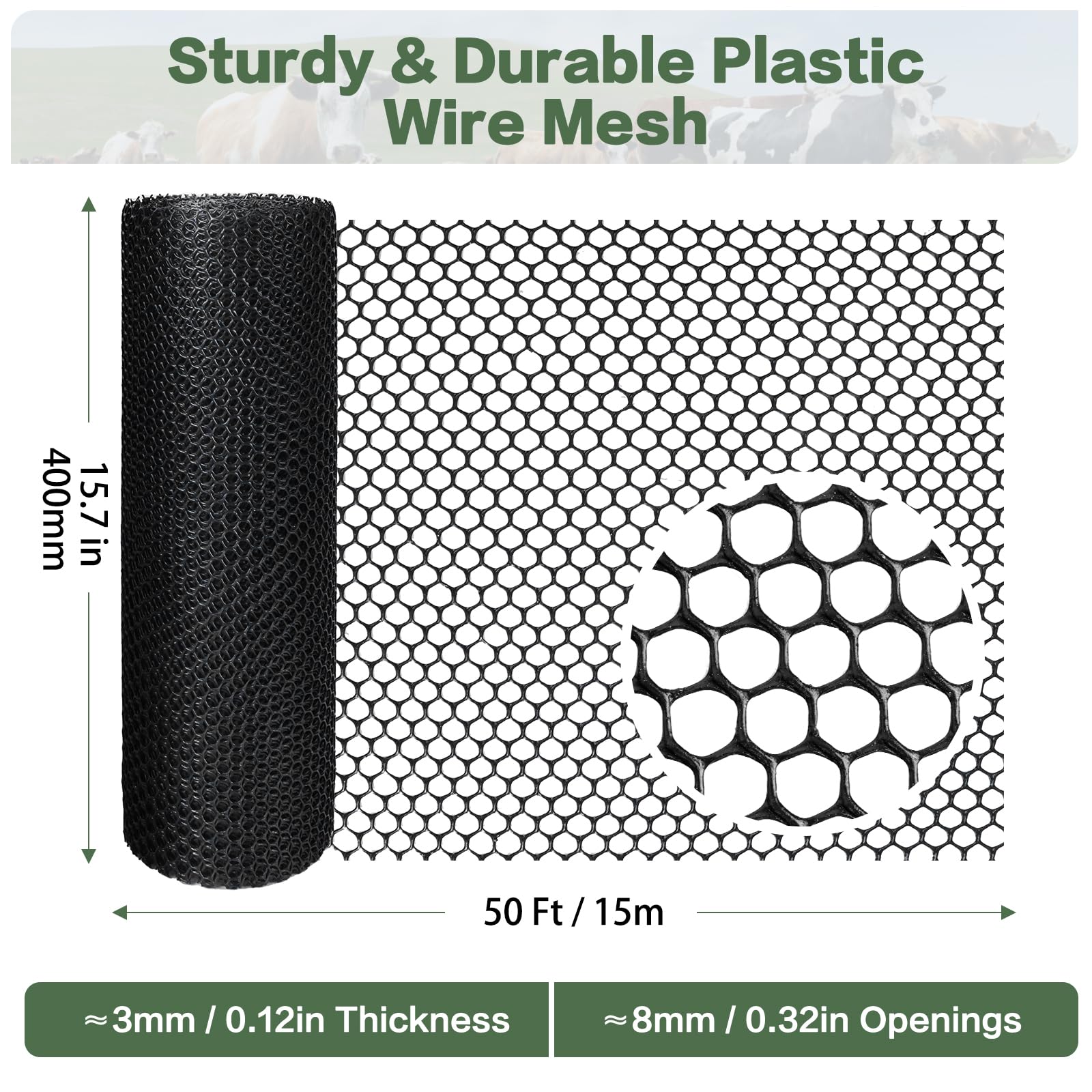 Rouleau de grillage en plastique réutilisable et solide pour l'élevage de volailles, jardin, balcon - Clôture pour décoration de maison et jardinage (noir, 15 m)