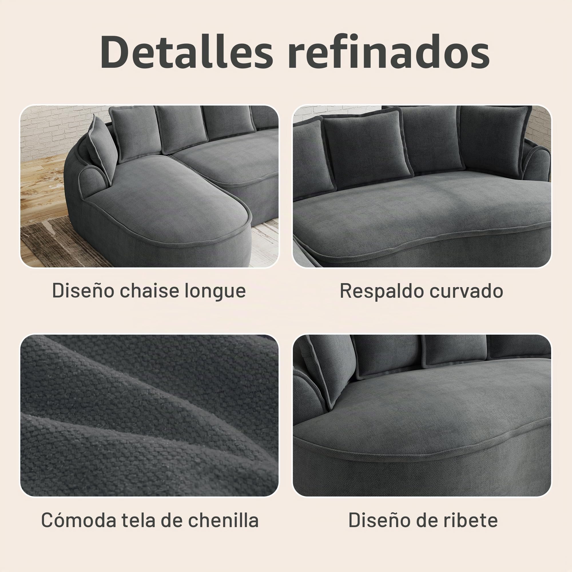 Bladez Frameless - Sofá modular de esquina en forma de L de chenilla, asiento extra profundo y chaise longue, sofá de suelo sin montaje, sofá curvo para salón (gris, 3 plazas