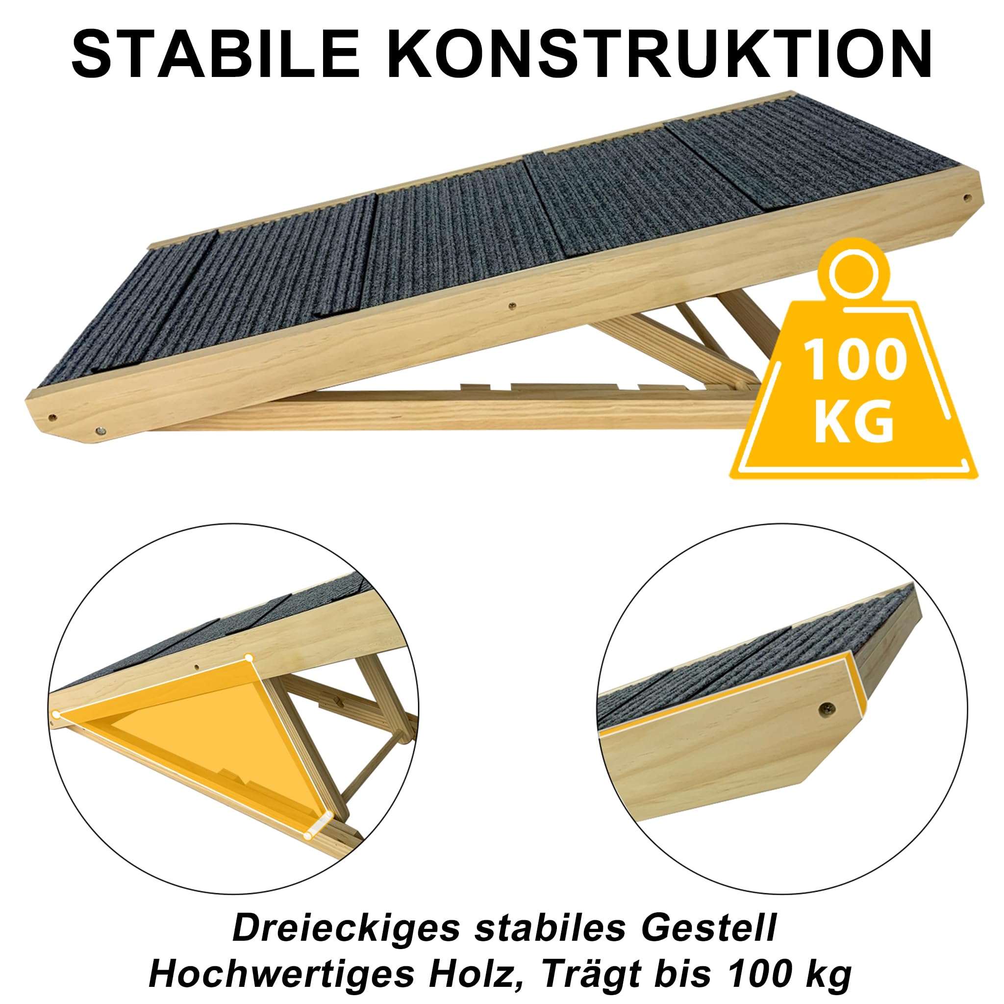 YRHome Klappbar Hunderampe Holz 100x40x60cm Hundetreppe für große Katzen und Hunde Anti-rutsch Hundeeinstiegshilfe für Bett Sofa oder Auto Haustiertreppe Bis 100kg Tragbare Tierrampe höhenverstellbar