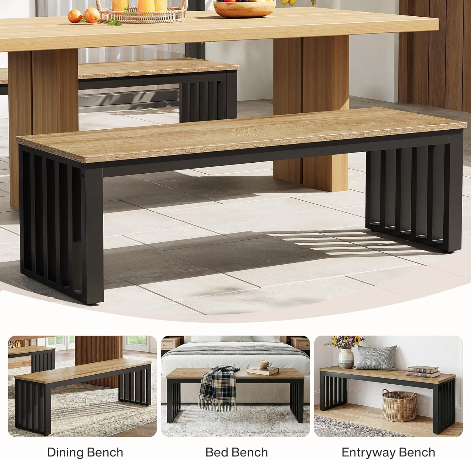 Tribesigns Industrial Dining Bench, 47.3" Indoor Wood Entryway Bench with Metal Frame, Dining Table Bench for Dining Room, Kitchen, End of Bed, Entry (Brown & Black)