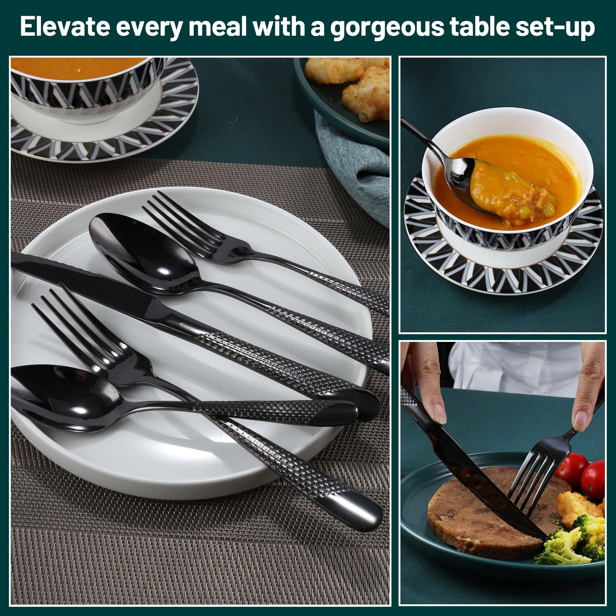 Juego de cubiertos martillados de 30 piezas, color negro, para 6, acero inoxidable, para el hogar, cocina, restaurante y hotel, juego de cubiertos pulidos con espejo, apto para lavavajillas