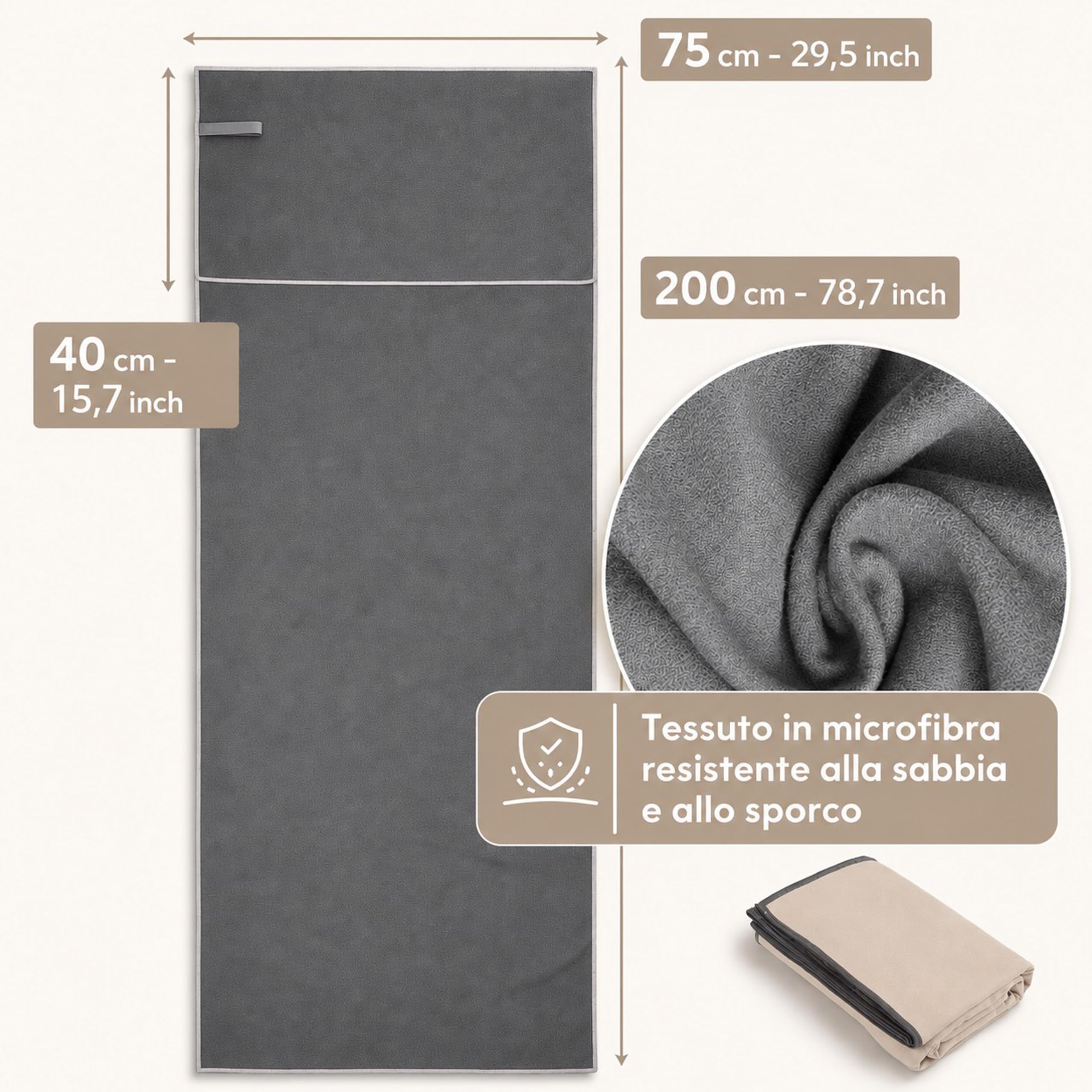 Set di 2 asciugamani per sdraio - 200 x 75 cm - Con cappuccio - In microfibra - Peso leggero - Per sdraio da giardino - Con fodera - Copridivano da spiaggia (beige, 2)
