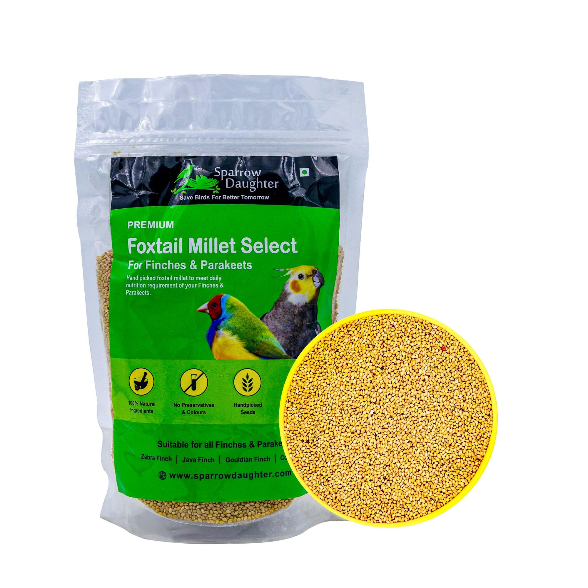Sparrow Daughter Foxtail Millet (Kangni) Bird Food | Premium Natural Seeds for Budgies, Lovebirds, Cockatiels, Finches, Parakeets & Parrots | Healthy Daily Feed for All Life Stages (450g)