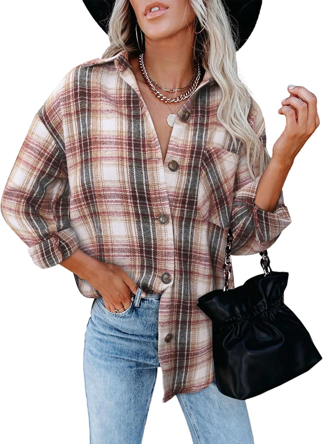 ZOLUCKY Womens Shackets Jacket Plus Size Long Sleeve Button Down Shirts Blouses Tops - Image 3