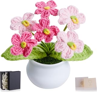 NUKAYAI Pink Crochet Potted Flower - Handmade Knitted Artificial Plant, Valentine's Gift for Mom, Teacher, Coworker, Desk Home Decor