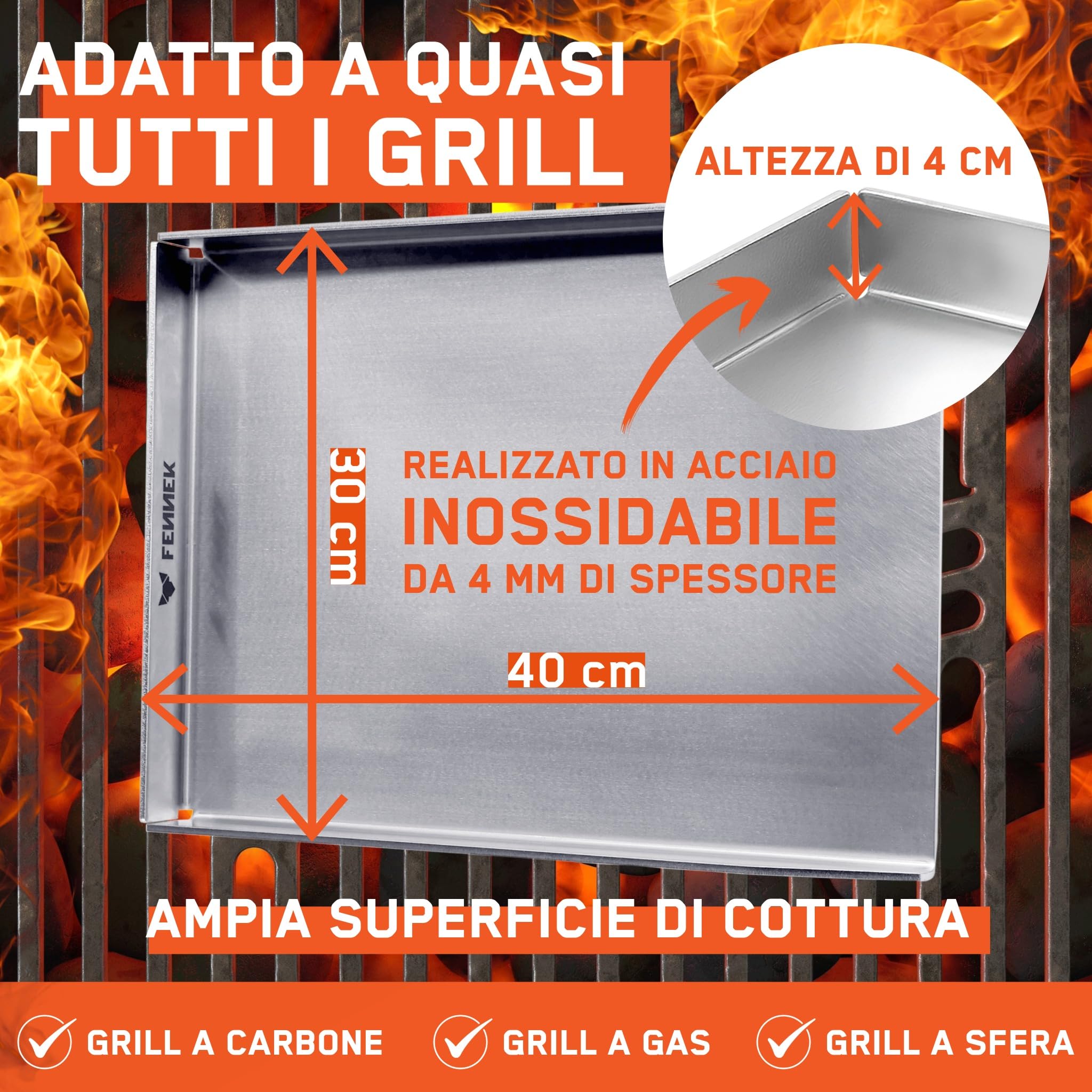 FENNEK Piastra per barbecue Teppanyaki, 40 x 30 cm, senza bordo anteriore, universale, adatta per molti barbecue a gas, in acciaio inox da 4,0 mm, lavabile in lavastoviglie, prodotta in Germania