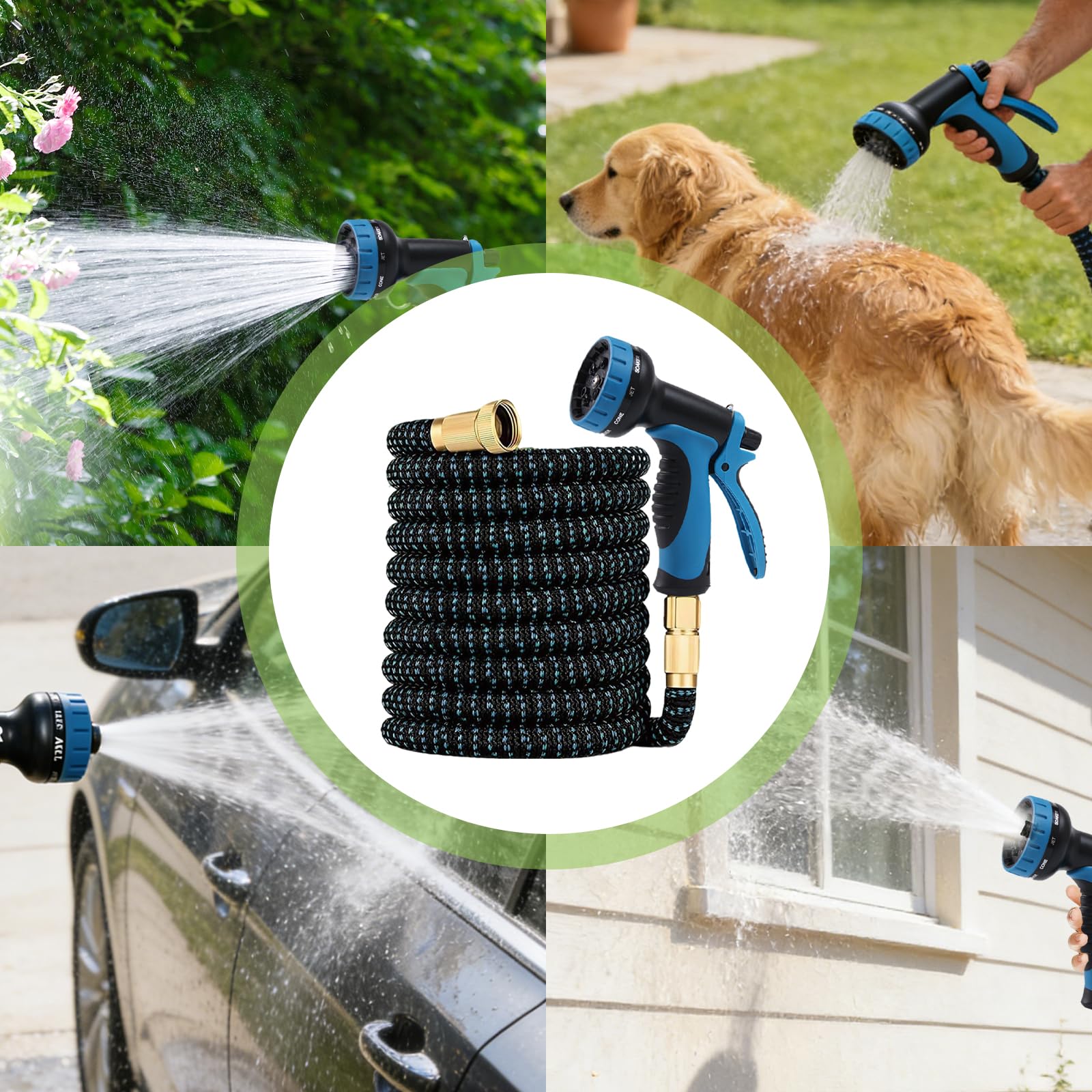 Tuyau Arrosage Extensible 15M/50ft, 10 Modes d'Arrosage, avec 1/2" et 3/4" Adaptateurs, Latex Triple Épaisseur Durable avec Raccords et Sac, pour Jardin, Arrosage, Nettoyage (15M/50ft)