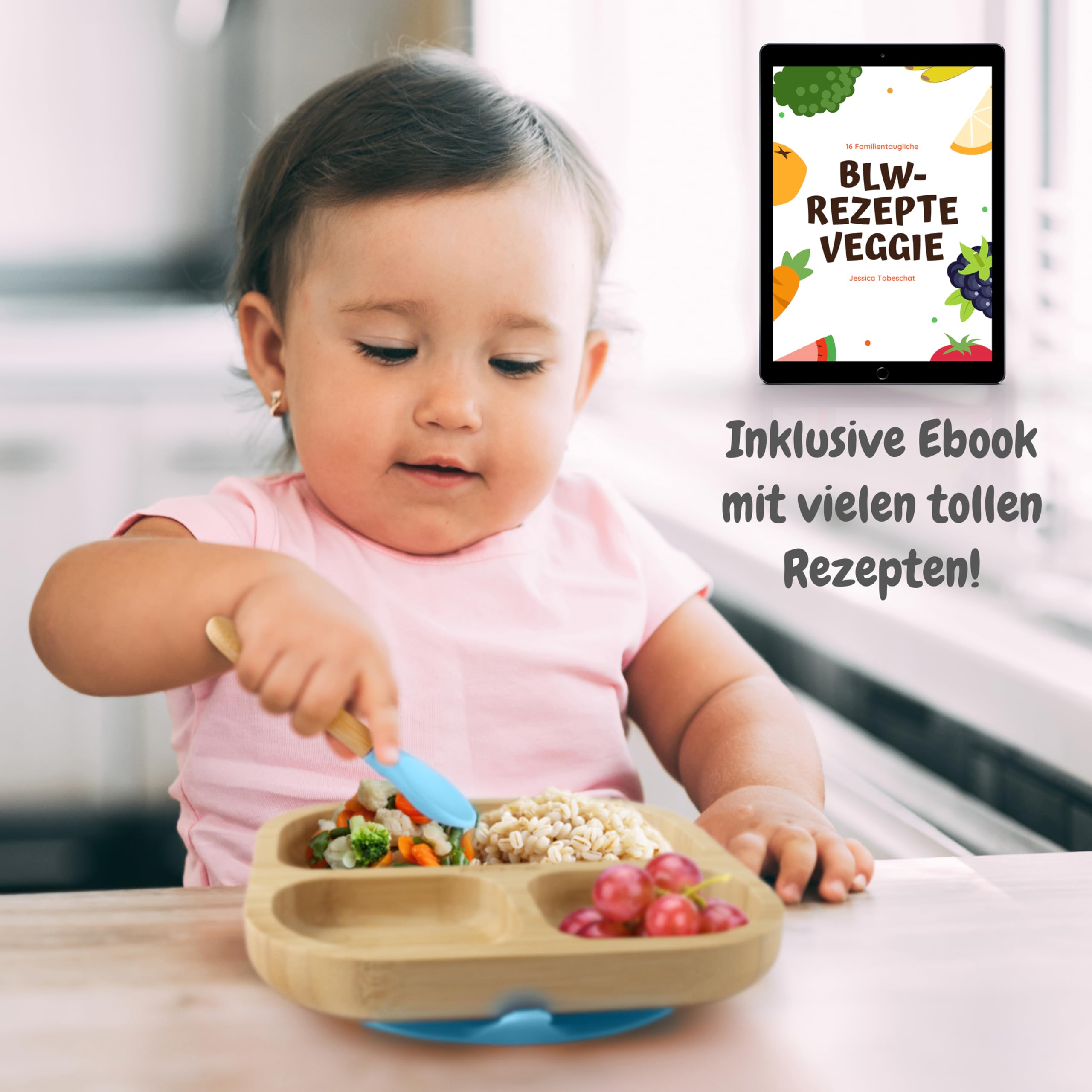 SkyblueI - Piatto per bambini con ventosa, con ricette Ebook I piatto antiscivolo in bambù con cucchiaio, set di stoviglie per bambini per imparare a mangiare, senza plastica nociva