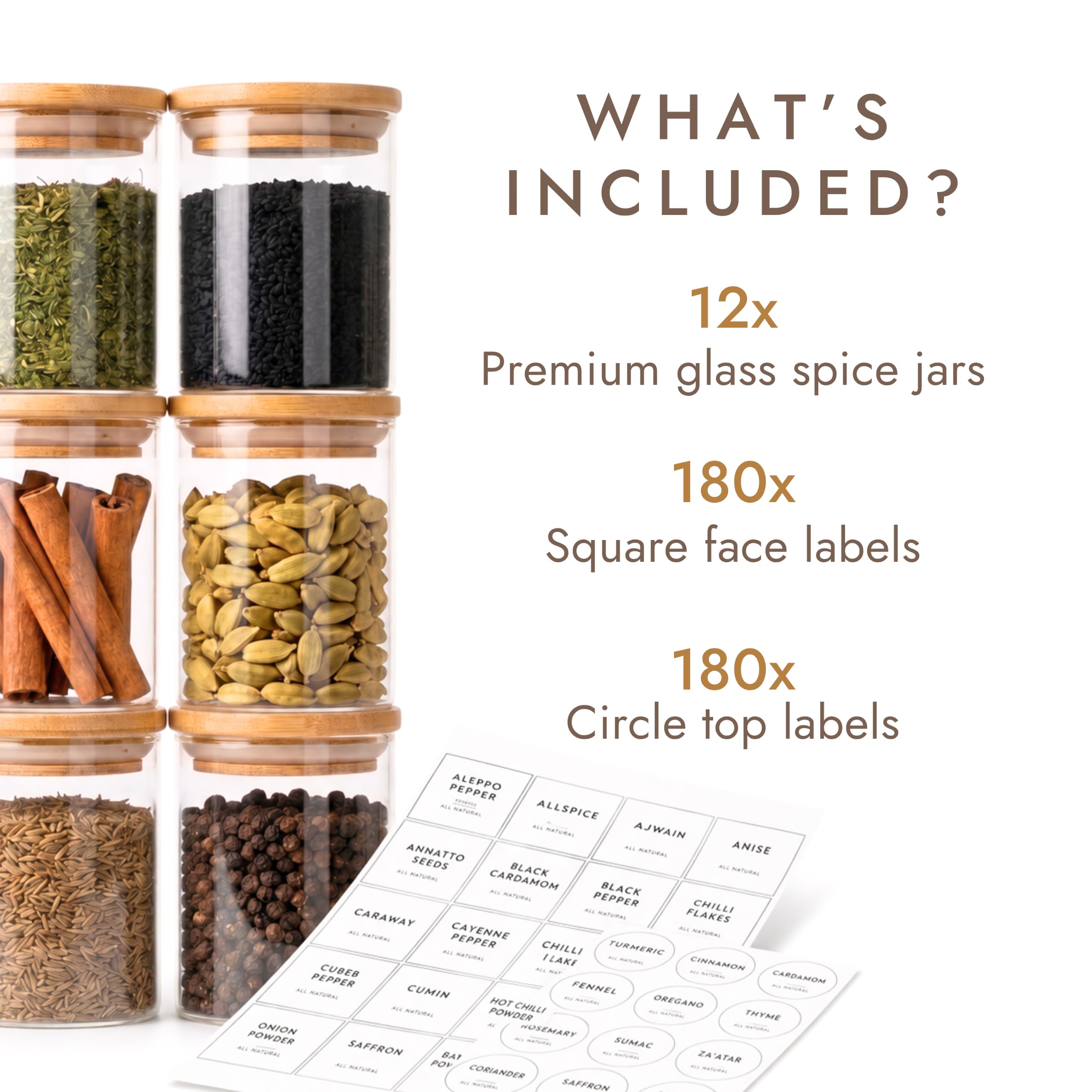 Livabl Lot de 12 pots à épices en verre avec couvercles et étiquettes – 200 ml hermétiques avec 360 étiquettes blanches pré-imprimées étanches conçues au Royaume-Uni – Rangement complet pour herbes
