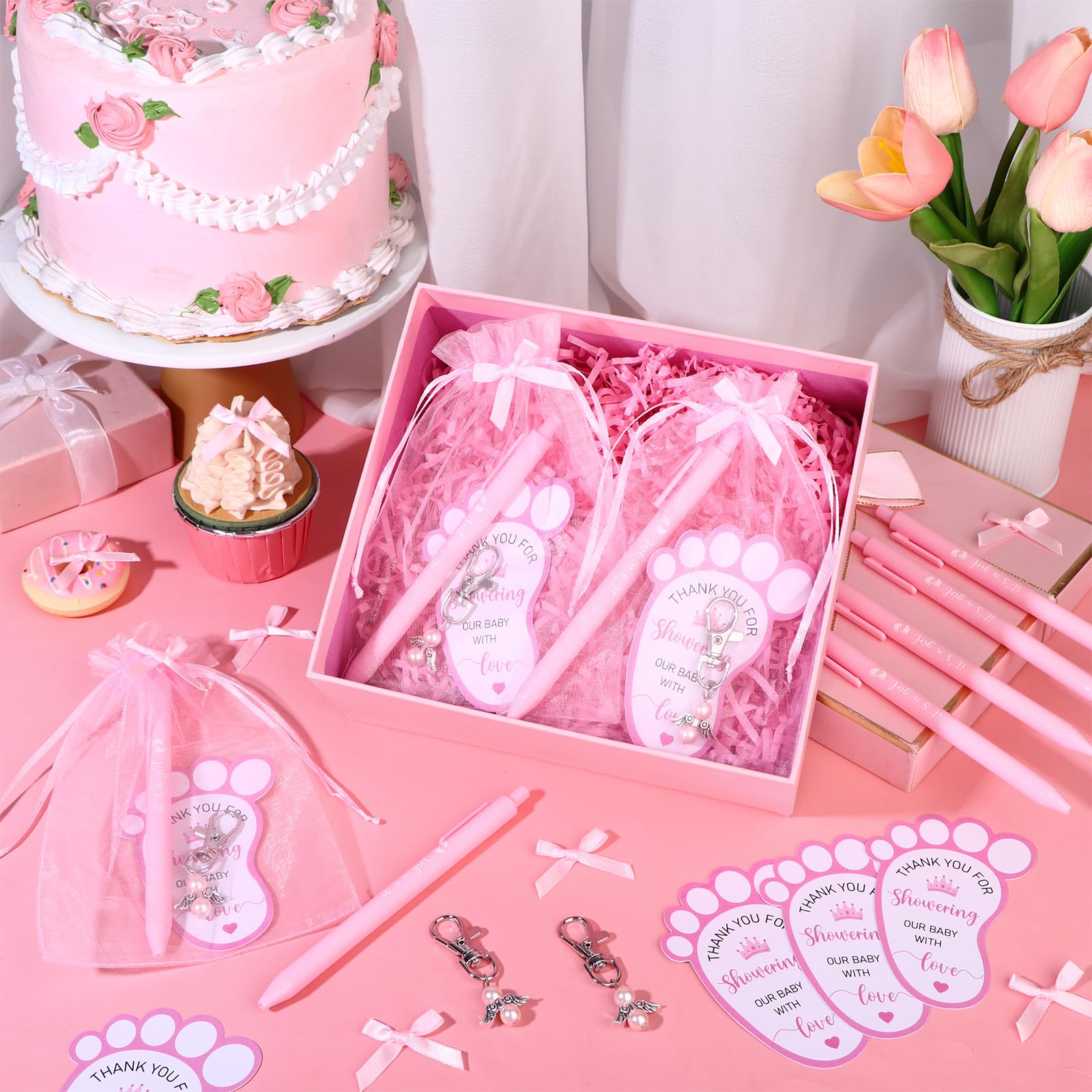 20 Sets Baby Shower Favours for Guests Includes Ballpoint Pens Angel Keychains Organza Bags Bows Thank You Cards - Image 5