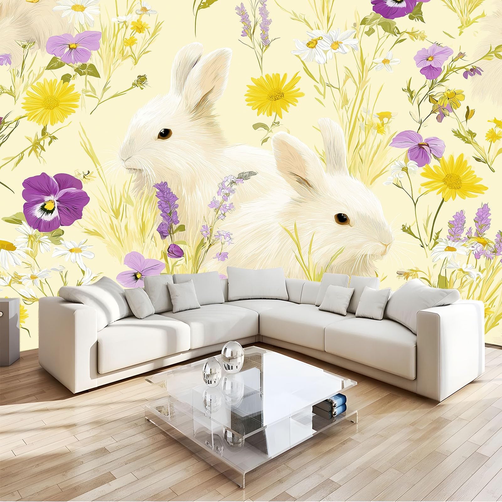 Photo Wallpaper 200 x 140 cm - Large Light Yellow Wallpaper Mural, Non-Woven Art Print Fleece Charming Flowers Animals Rabbits Wall Mural Decoration Poster or Living Room Bedroom Office