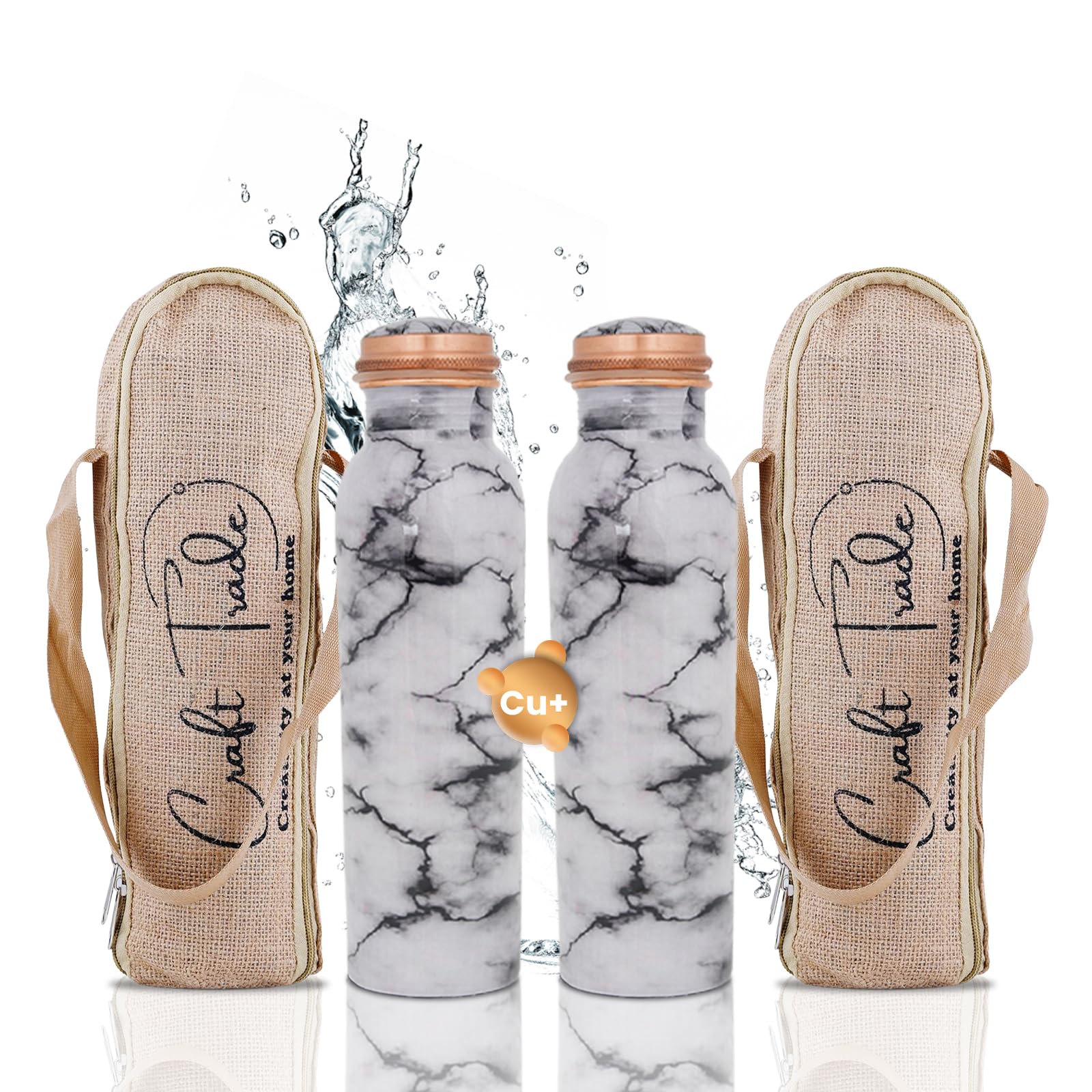 Craft Trade Trinkwasserflasche Kupfer Trinkflasche Rein Weiß Flasche Wasserflasche mit Deckel und Tragetasche 34oz/1000 ml Auslaufsicheres Ayurveda Kupferflasche für Büro und Yoga- 2