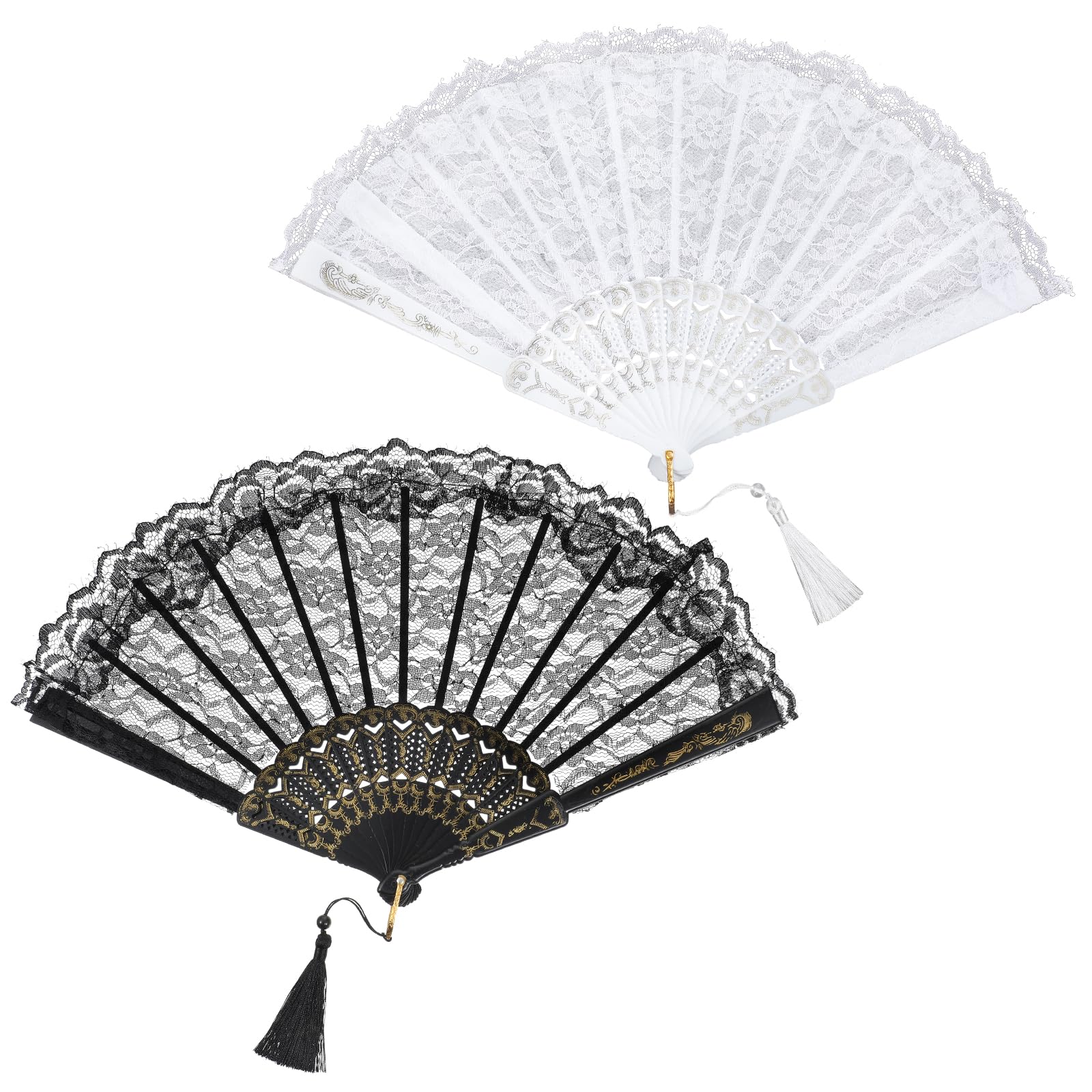 Gemoioio 1920s Vintage Lace Fan for Wedding – 2Pcs Art Deco Floral Hand Fan with Gold Glitter & Tassels, Elegant Tea Party Accessory, Great Gatsby Costume Prop for Women