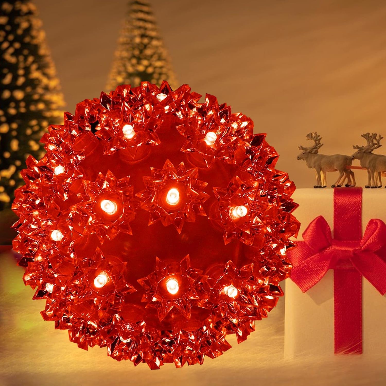 Christmas Lighted Ball 5.5" Outdoor Hanging Sphere Lights Orb 50 LED Red Starlight Sphere for Tree, Porch, Gazebo, Bedroom Decorations