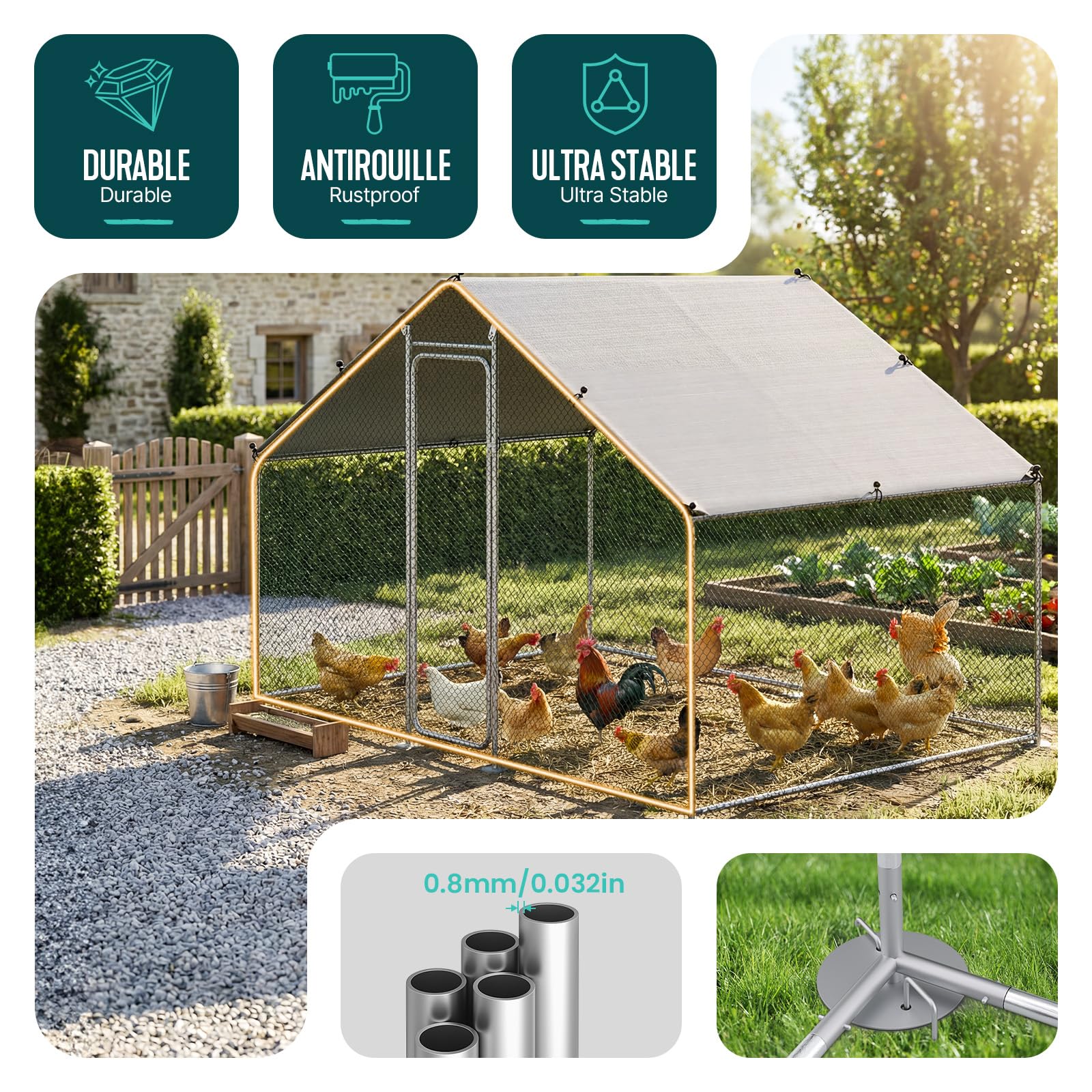 VOUNOT® Gallinero Exterior Metálico 6 m², Jaula para Gallinas Conejos y Animales Pequeños con Puerta con Cerradura y Cubierta PE, 300x200x200 cm