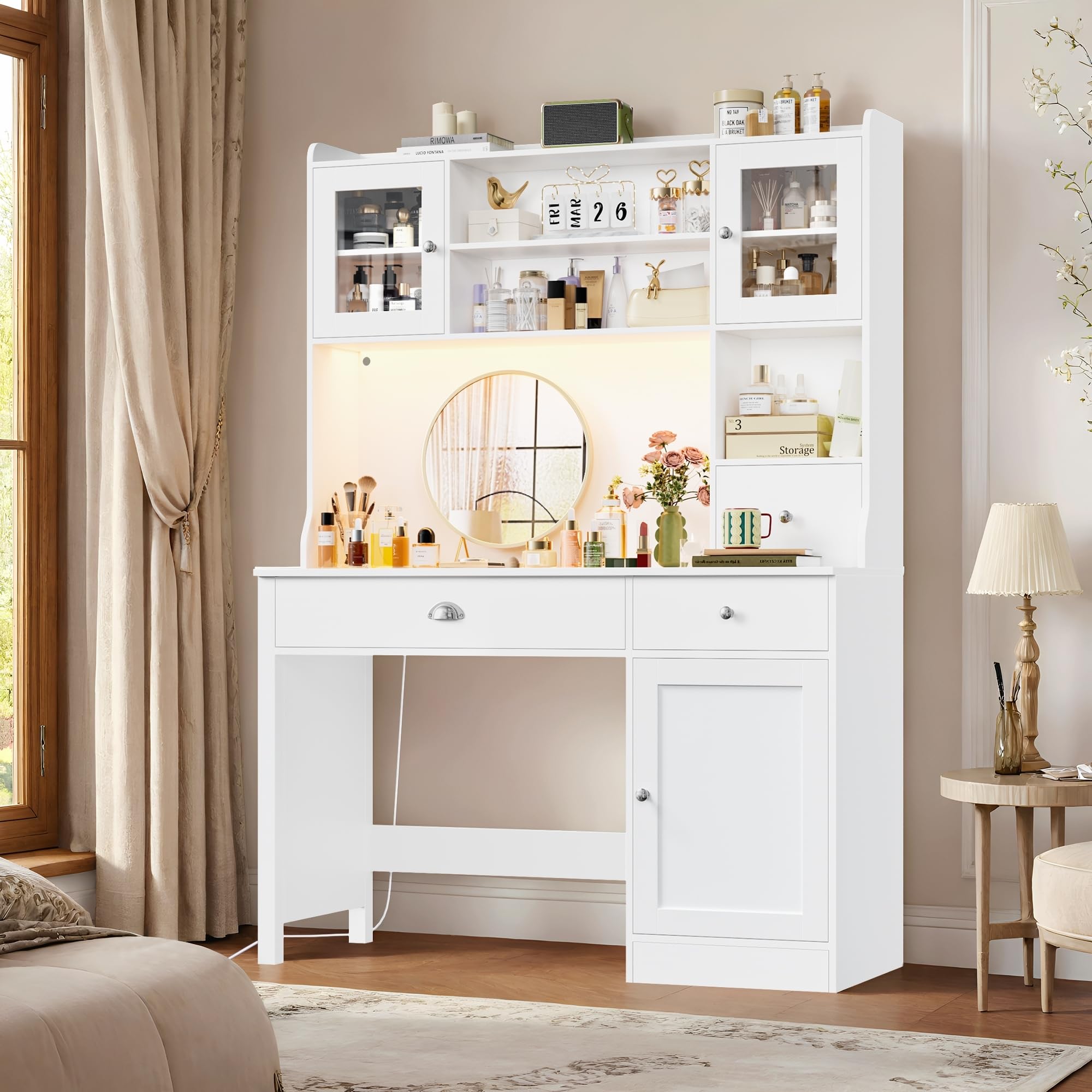 FirFurd LED Mesa Escritorio con Estantería Ajustable 3 Cajones, 3 Puertas