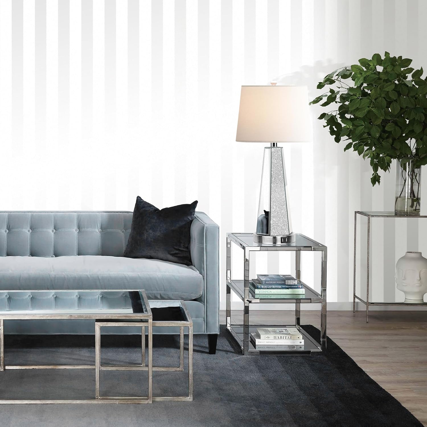 Hamucd Set of 2 Mirrored Glass Bedside Table Lamps for Bedrooms with 2 USB Ports Chrome Modern Silver Living Room Lamps for End Tables Glam Comtempory Style Side Nightstand Lamps for Art Deco