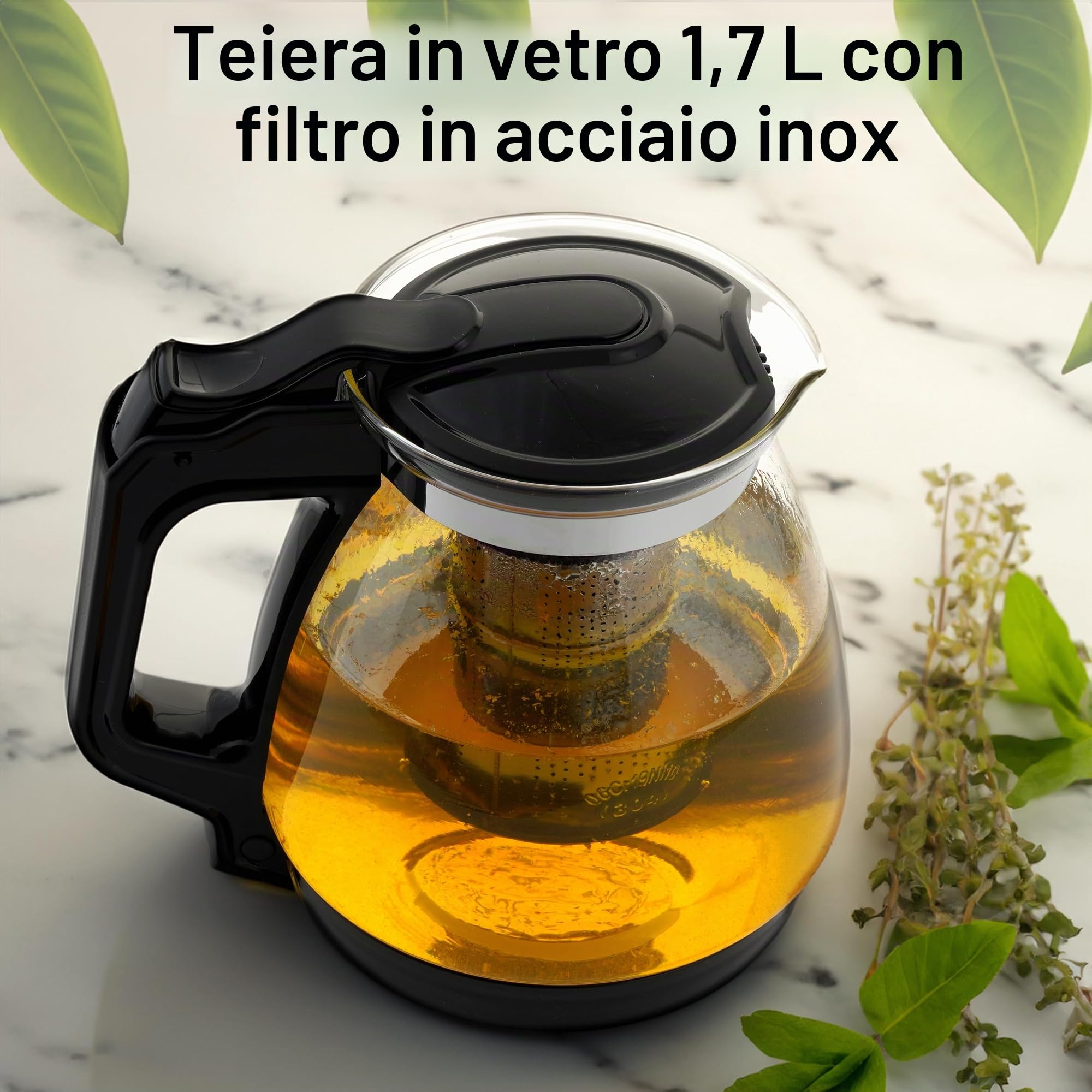 NORDIC SCHILLER Teiera in vetro da 1,7 l con filtro in acciaio inox, resistente al calore, lavabile in lavastoviglie, per gli amanti del tè