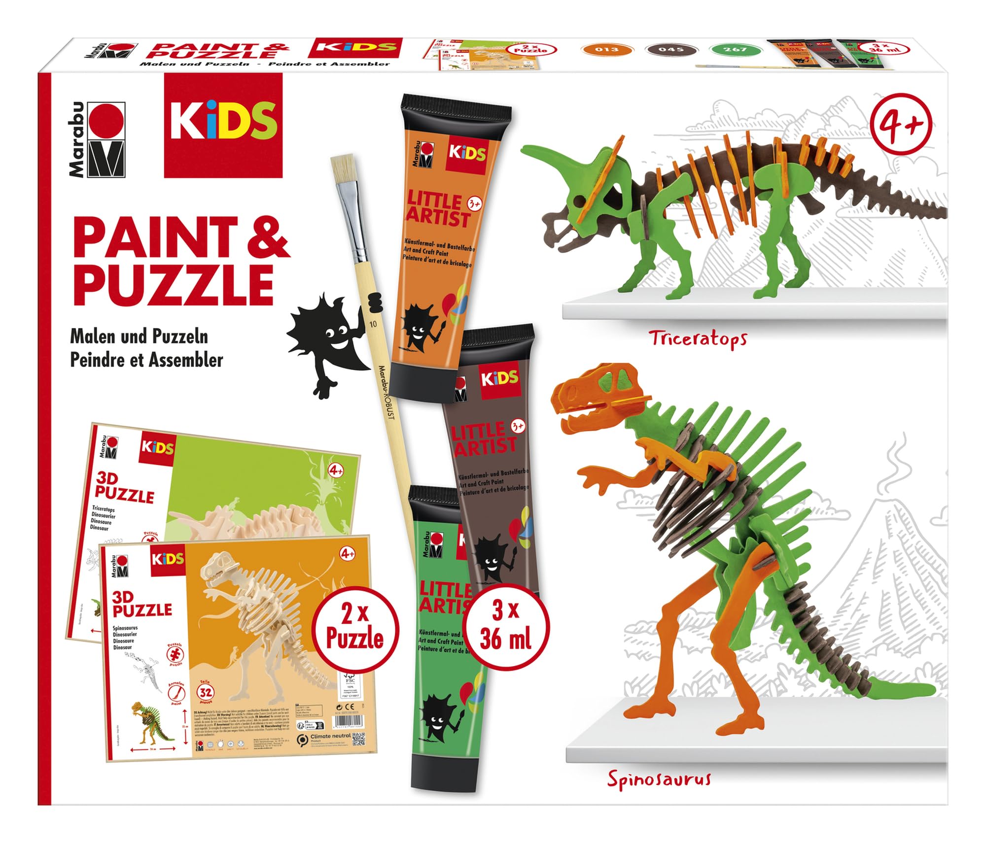 Marabu Kids Little Artist Paint & Puzzle - Dino Design - A Dinosaur Model Kids Craft Puzzle Kit for Kids & Adult - Includes 2 Puzzles & 3 Kids Paint Colours -Wooden Piece Puzzle Box Craft Kit