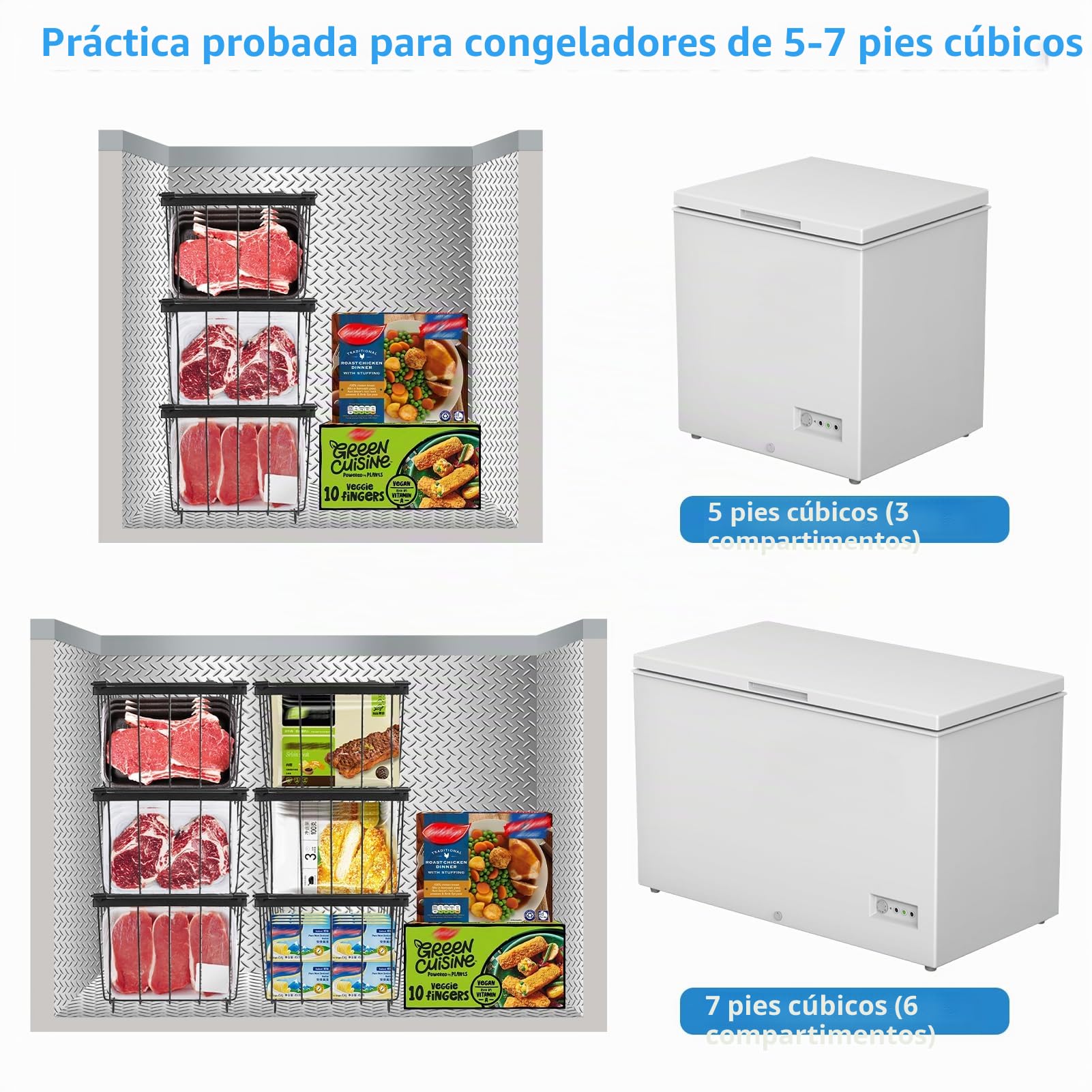 Juego de 6 organizadores para congelador, apilables, con asas | Alambre de acero de 2,8 mm, base antideslizante y congelación rápida para frigorífico de 5-7 pies cúbicos (37 x 18 x 14,5 cm)