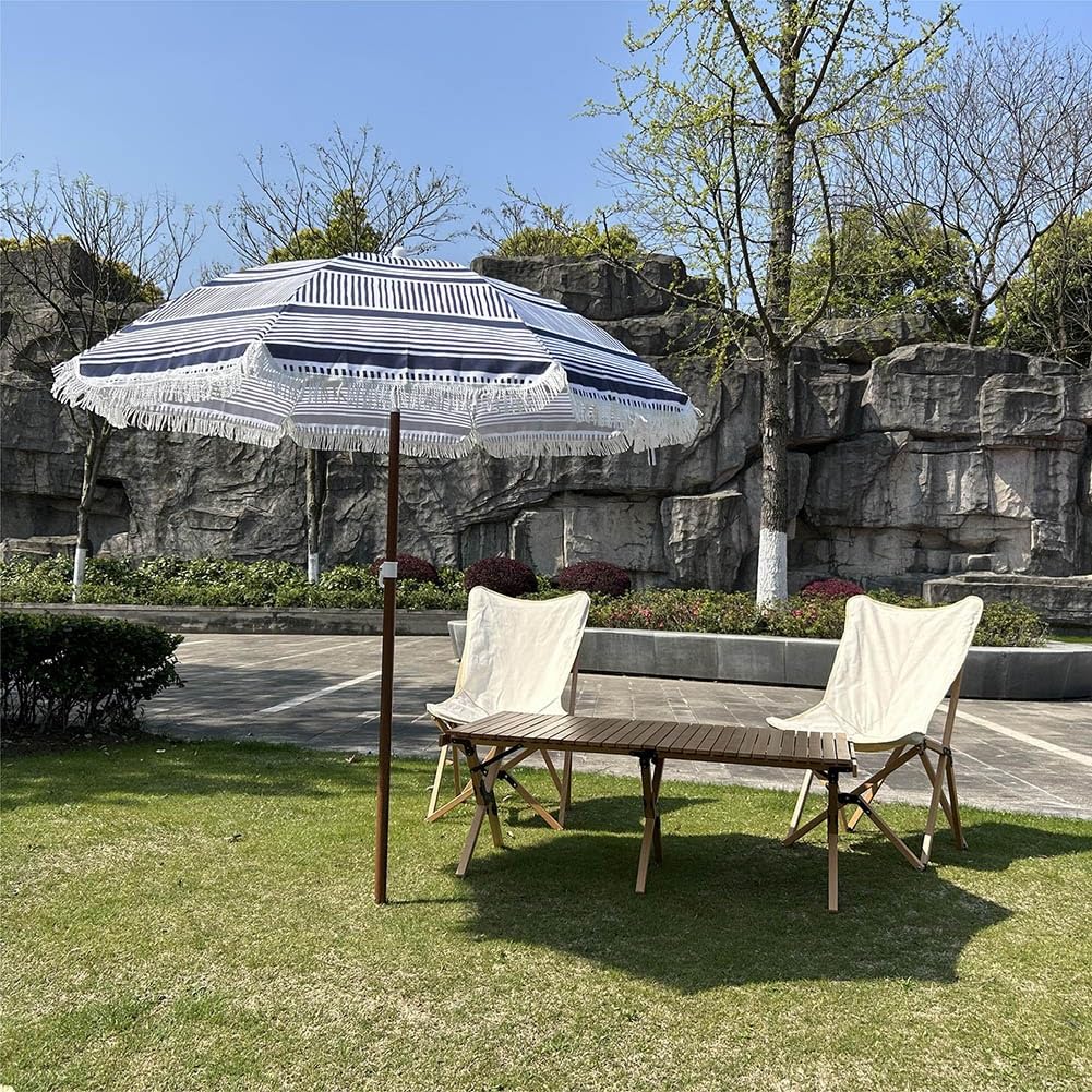 Ombrellone da spiaggia portatile da 180 cm, protezione solare UV50+, antivento, ancoraggio per sabbia, palo robusto, inclinazione a pulsante, frange, per esterni e patio.