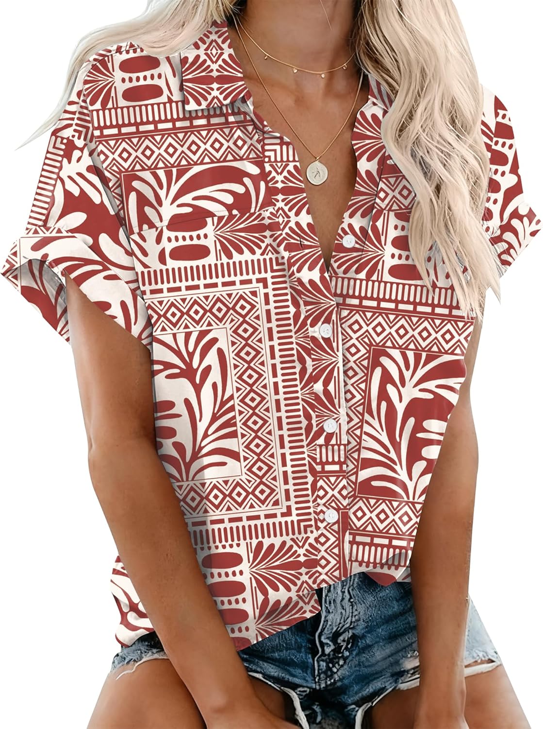 Rapbin Women's Button Down Shirt Short Sleeve Casual Blouse Shirts V Neck Collared Tops