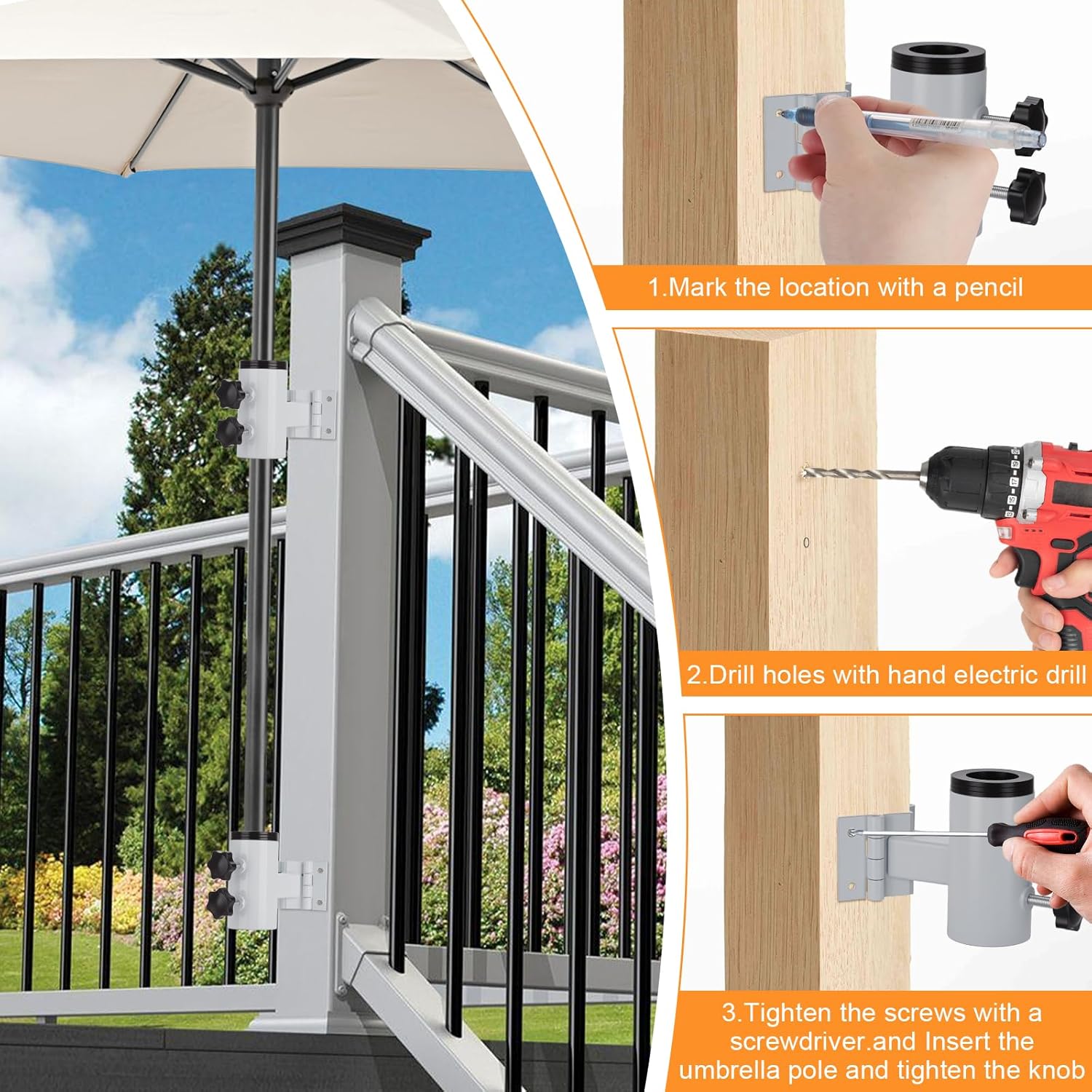 Patio Umbrella Stand Base - Enhanced Deck Umbrella Mount Outdoor, in Wood Ground Flag Pole Holder, Adjustable Patio Table Umbrella Stand Outside for Garden Backyard Balcony Poolside (B:White)