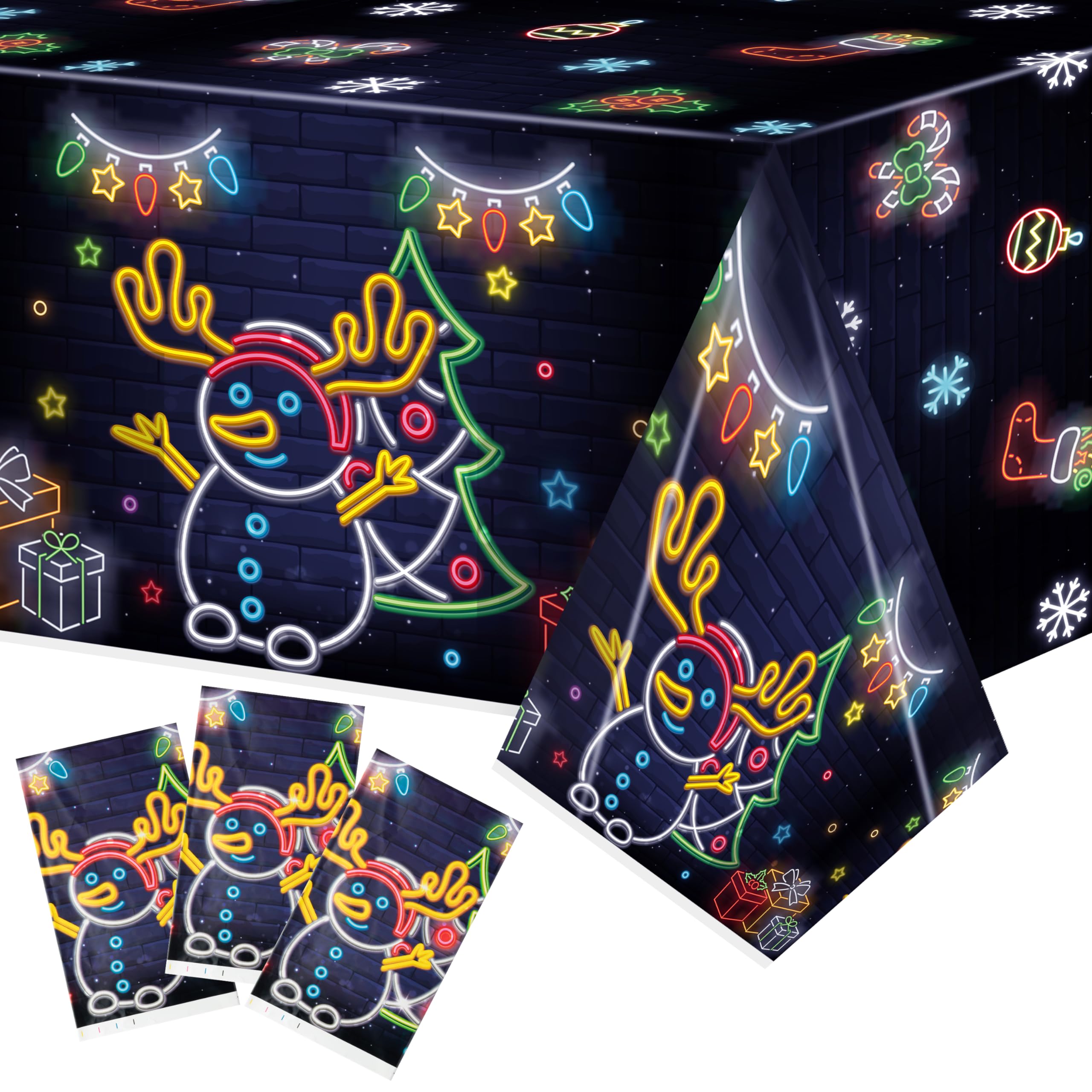 3Pack Neon Christmas Glow in The Dark Tablecovers Neon Christmas Eve Snowman Snowflake Table Cover Rectangle Disposable Tablecloth for Christmas Themed Party Winter Celebration Table Decor