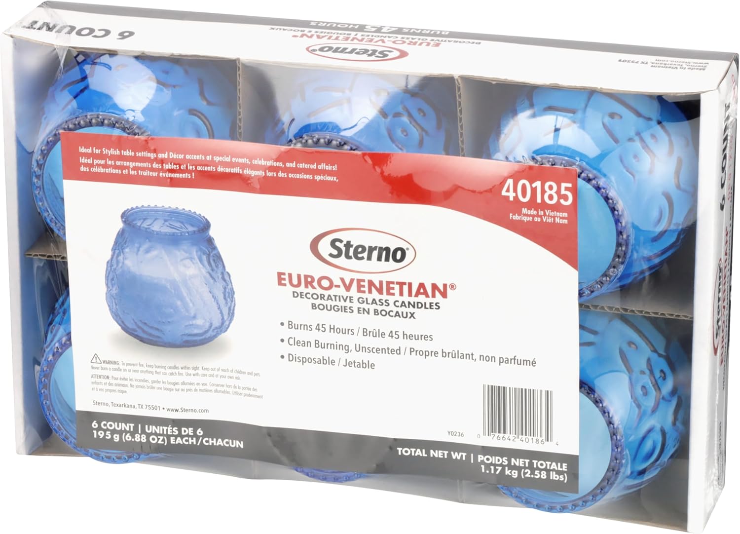 Sterno Euro-Venetian Centerpiece Glass Jar Wax Candles, Decorative Vintage Votive Vintage Holder for Bar or Restaurant, Burns Up to 45 Hours, Pack of 6 - Blue