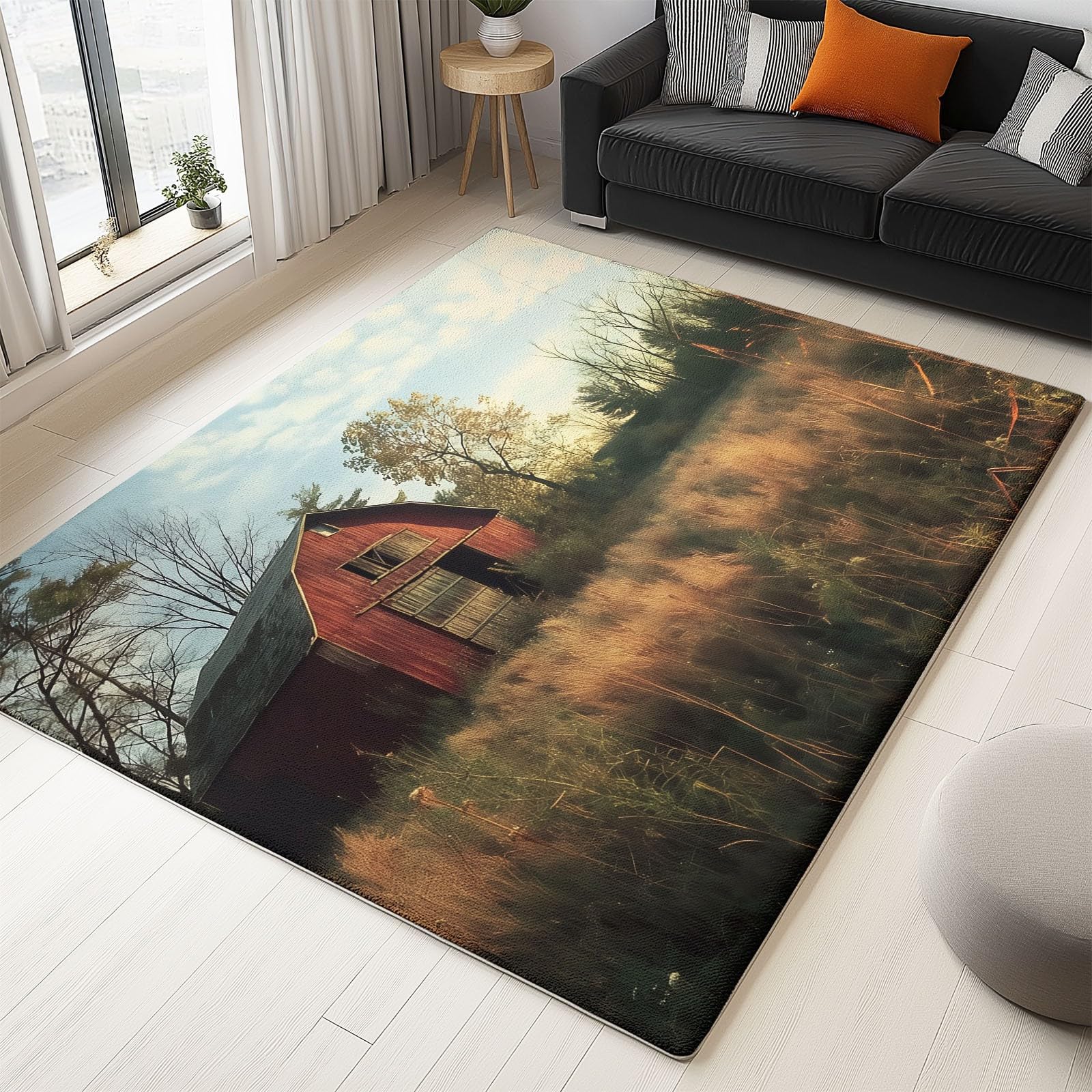 Dywan 100 x 150 cm, krajobraz, stodoła, z krótkim włosiem, do salonu, sypialni i korytarza – antypoślizgowy, odporny na działanie wody i można prać w pralce, nowoczesny design, czerwono-żółty