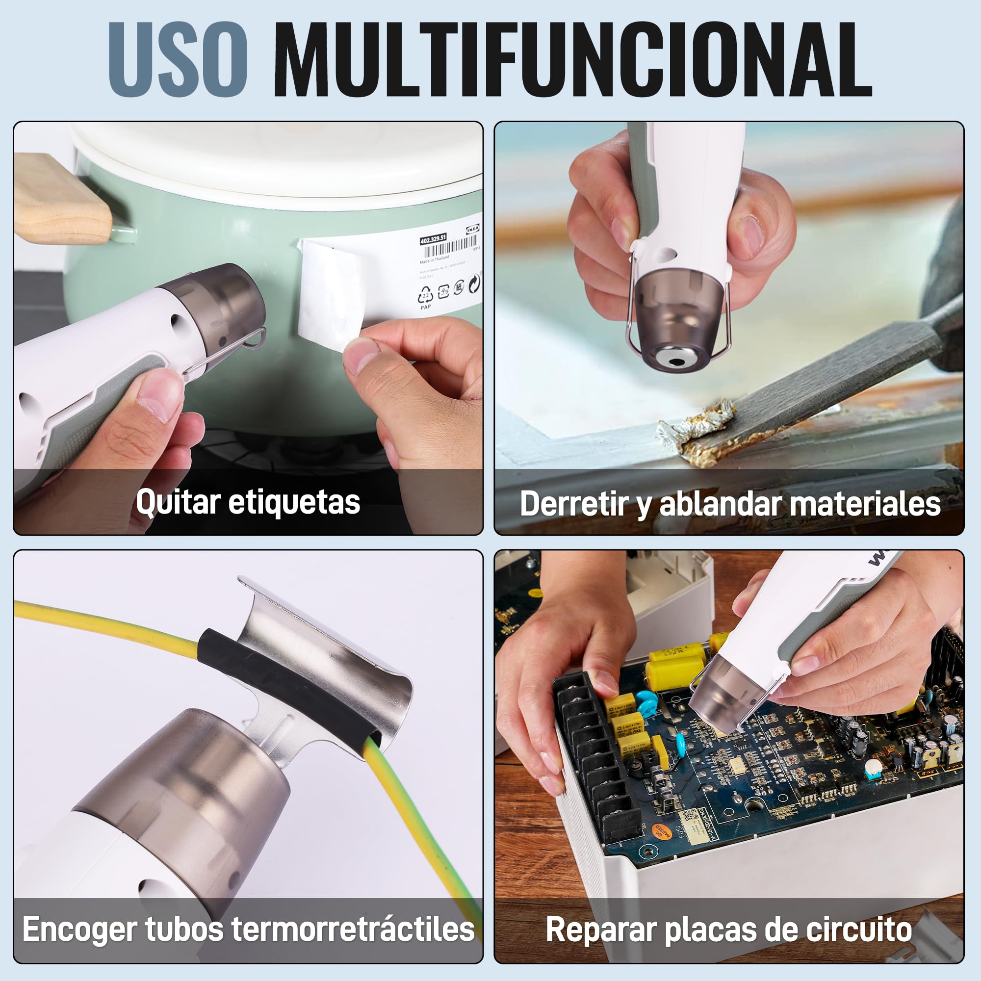 WORKPRO Pistola de aire caliente inalámbrica Mini, 3 ajustes de temperatura, calentamiento rápido con boquilla reflectora y 50 tubos termorretráctiles, ideal para bricolaje, repujado y manualidades