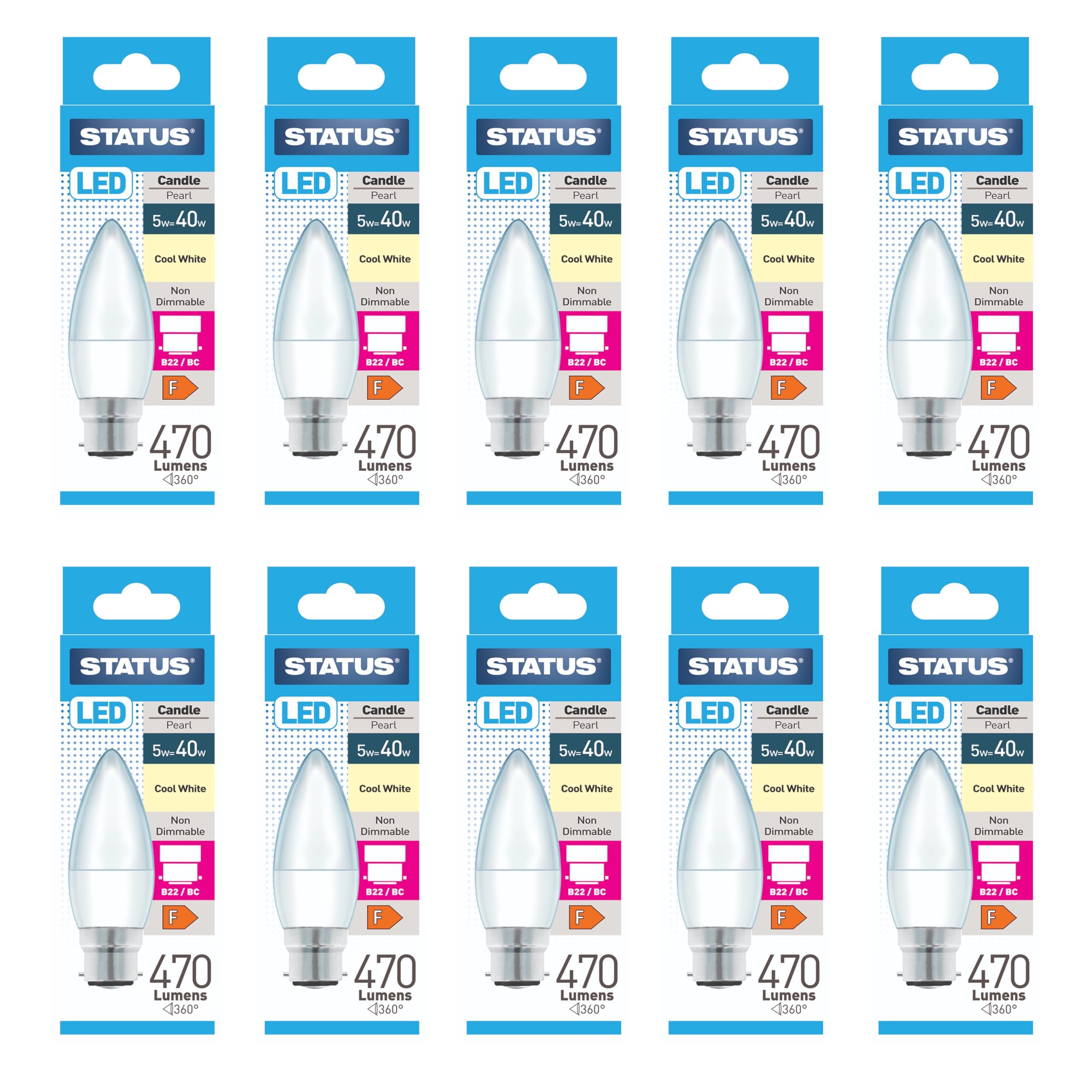 Status 5w = 40w = 470 lumens LED - Candle - B22 - PA - Pearl - Cool White - 1 pk Box - in White CDU