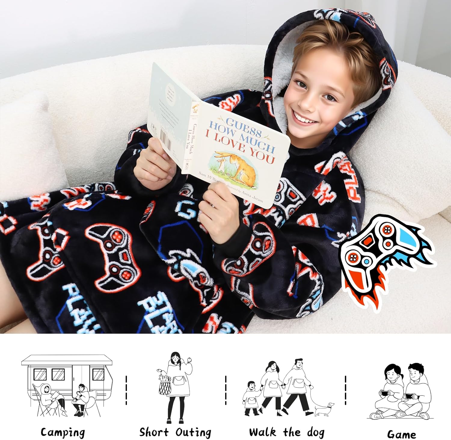 REXEO Wearable Blanket Hoodie for Kids Fleece Sweatshirt Blanket Gamer Gifts for Boys Girls Flannel Hooded Blanket with Pocket and Sleeves for Kids - Image 7