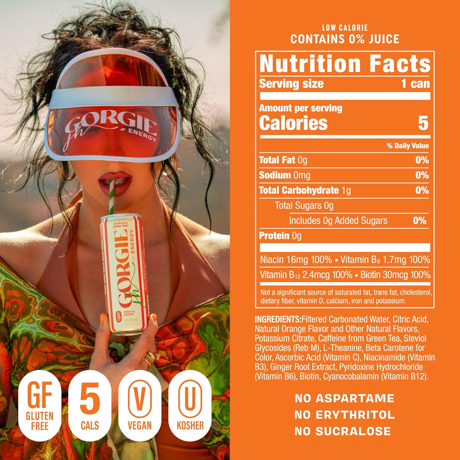 GORGIE Sugar Free Natural Energy Drinks, Jaclyn Hill Orange Twist (12 Pack) Healthy Sparkling Energy Drinks Natural Coffee Replacement with Green Tea Caffeine and Biotin, Vegan, Low Calorie - Image 2