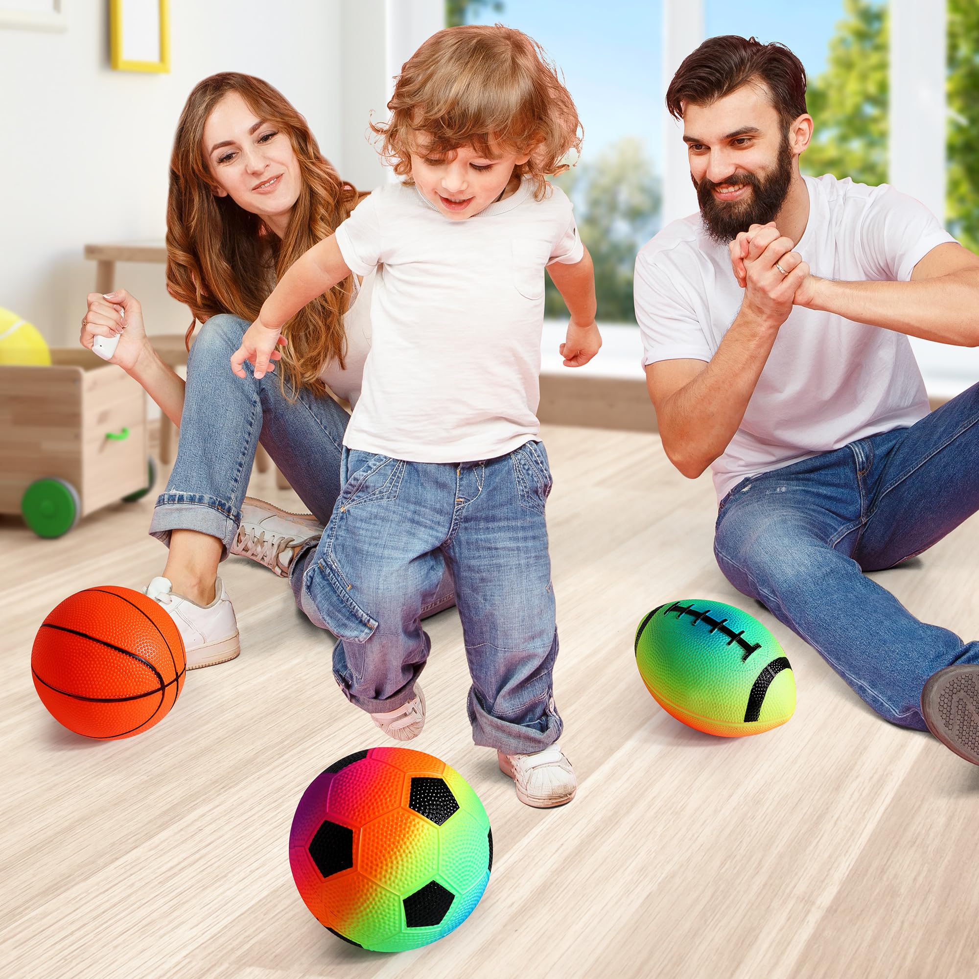 Pelotas deportivas pequeñas para niños pequeños, paquete de 6, 2 de cada una de 5 pulgadas, fútbol, baloncesto, fútbol para patio de juegos, pelotas inflables multideporte con 1 bomba para 6