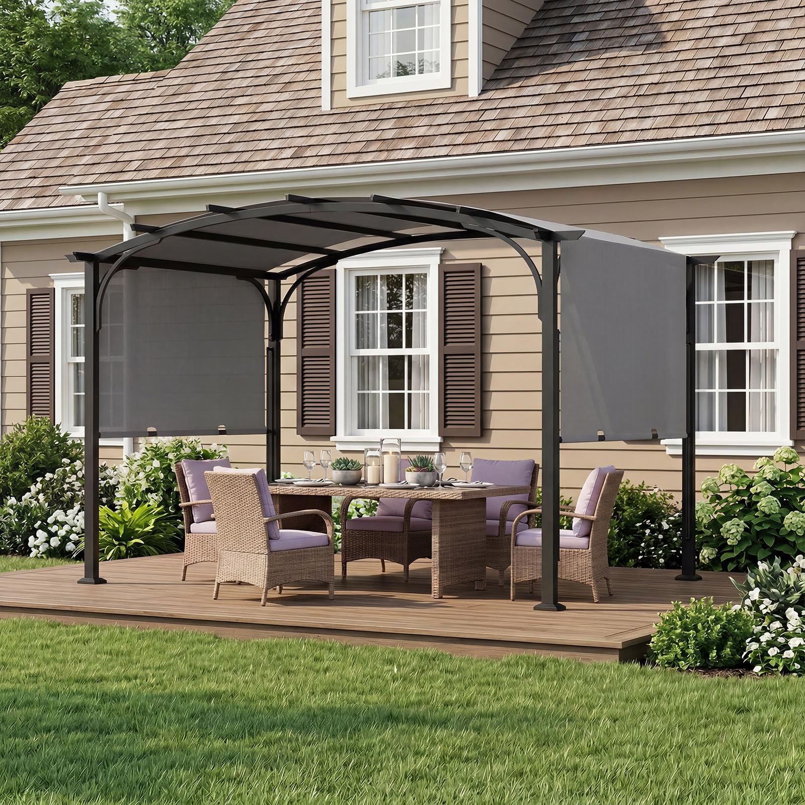 COSTWAY Pérgola Retráctil para Exterior, 3 x 2,4m, Cenador de Jardín con Techo Arqueado, Estructura Metálica y Tejido de Poliéster, Pabellón Jardín con Toldo para Patio Terraza Porche (Gris)